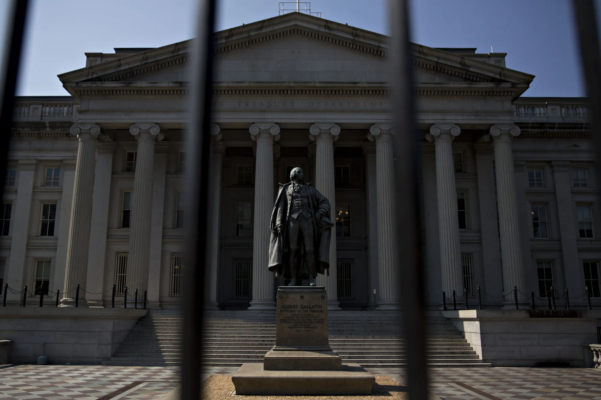 A statue of Albert Gallatin, former U.S. Treasury secretary, stands outside the U.S. Treasury building in Washington, D.C.