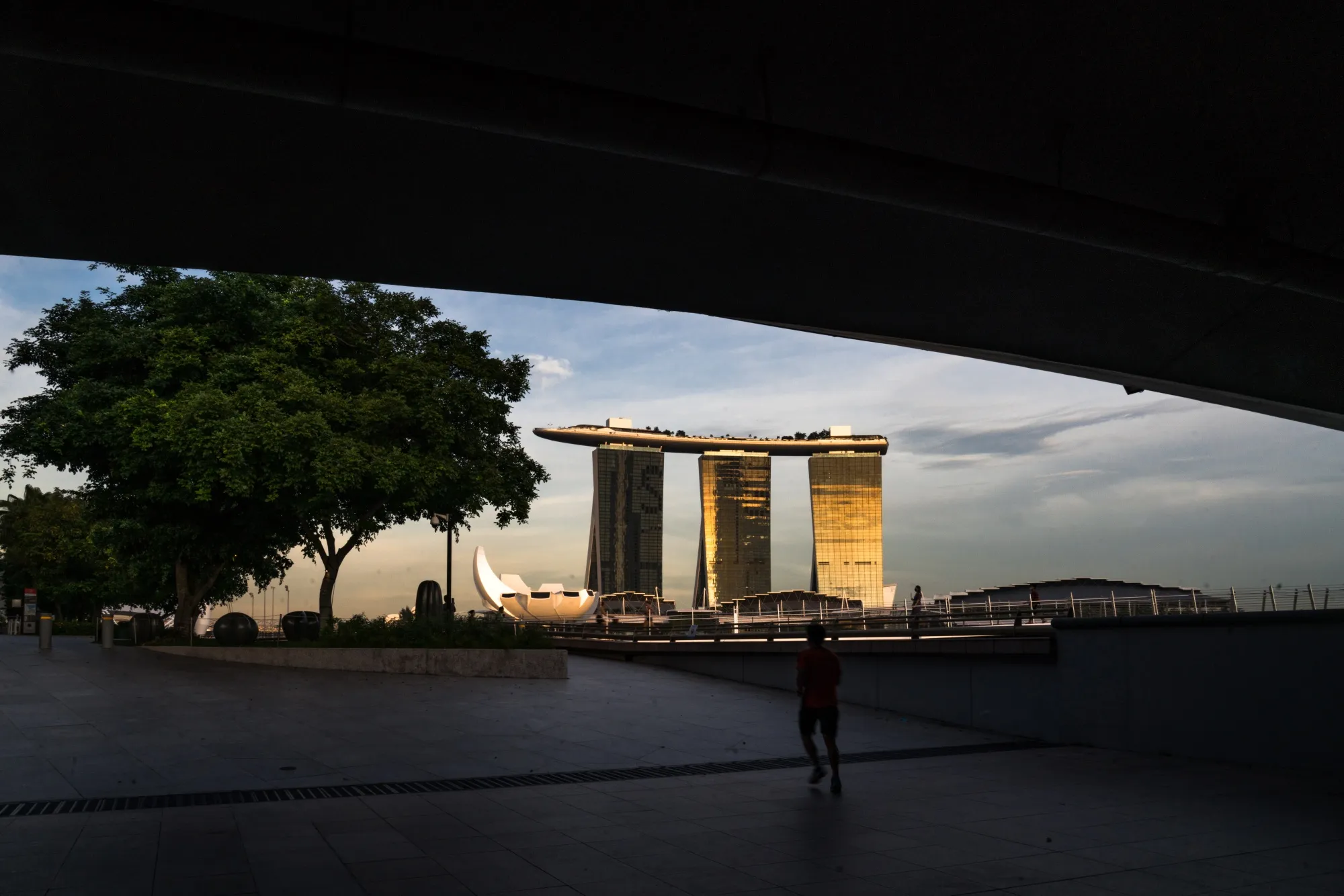 The Marina Bay Sands hotel and casino stands at dusk during the "circuit breaker" lockdown in Singapore on May 20.