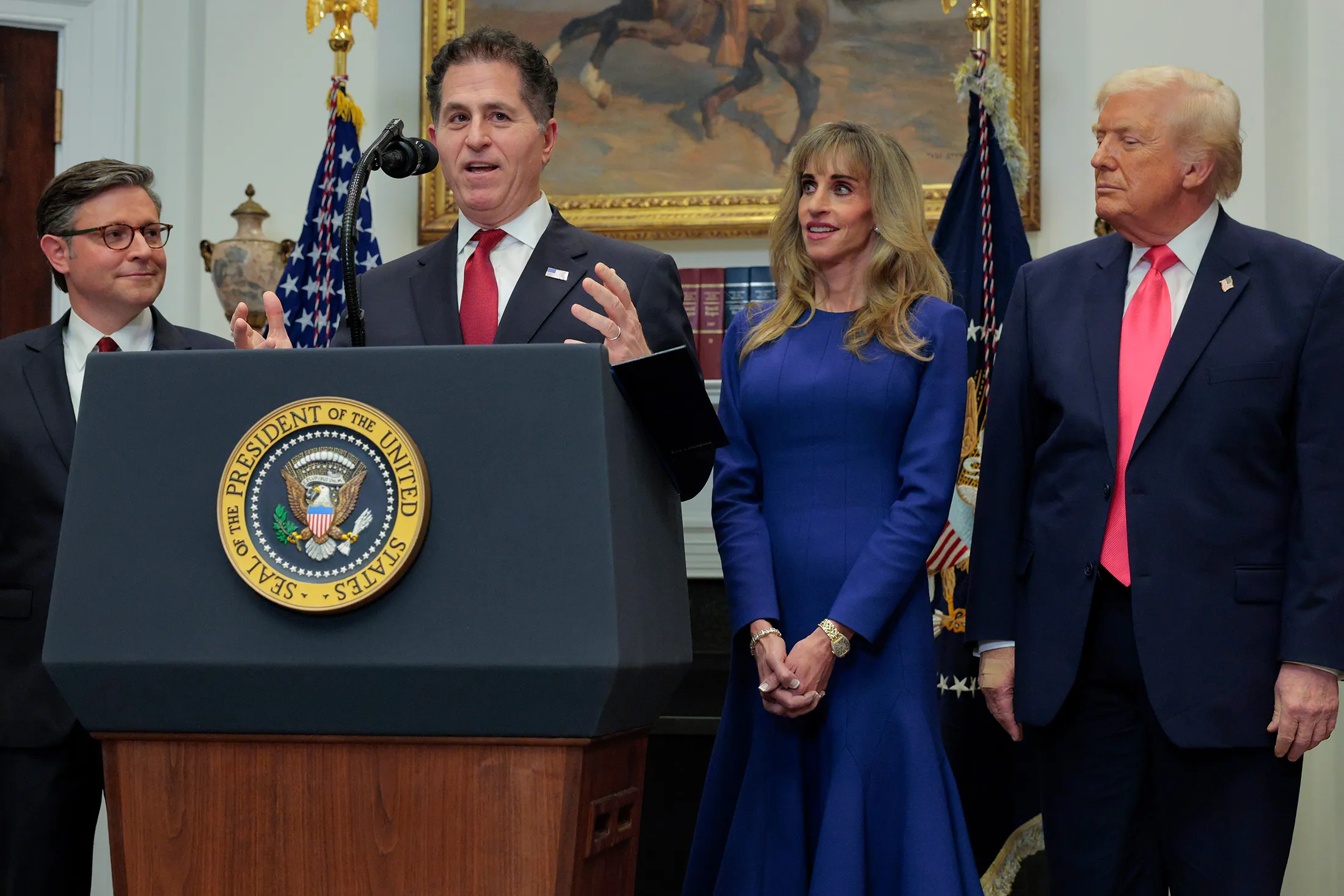 Michael Dell, second left, and his wife Susan announced their donation at the White House on Tuesday with President Donald Trump and House Speaker Mike Johnson.&nbsp;