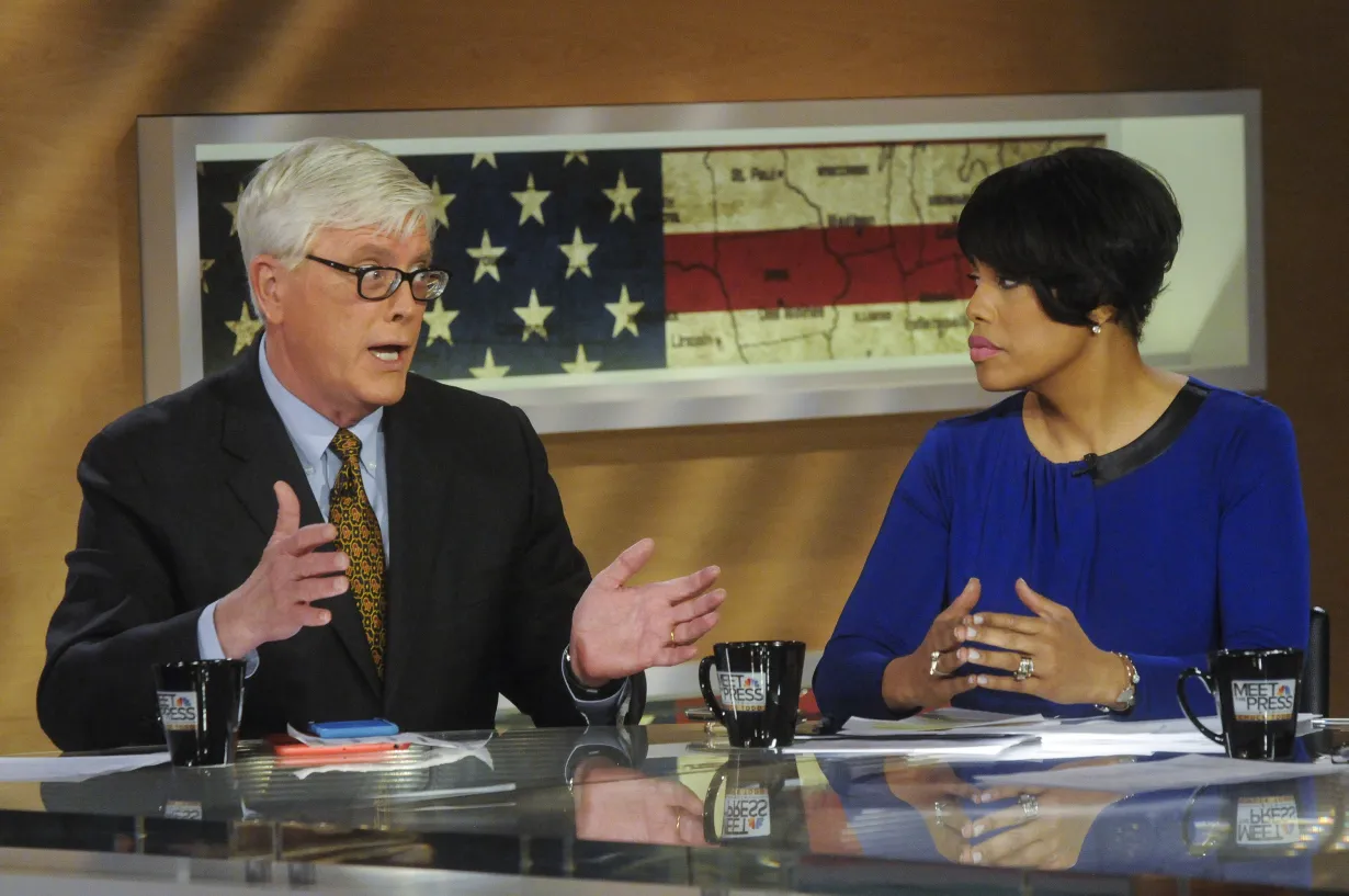 MEET THE PRESS -- Pictured: (l-r) Hugh Hewitt, Host, The Hugh Hewitt Show, left, and Stephanie Rawlings-Blake, Mayor of Baltimore City, right, appear on "Meet the Press" in Washington, D.C., Sunday April 12, 2015.
