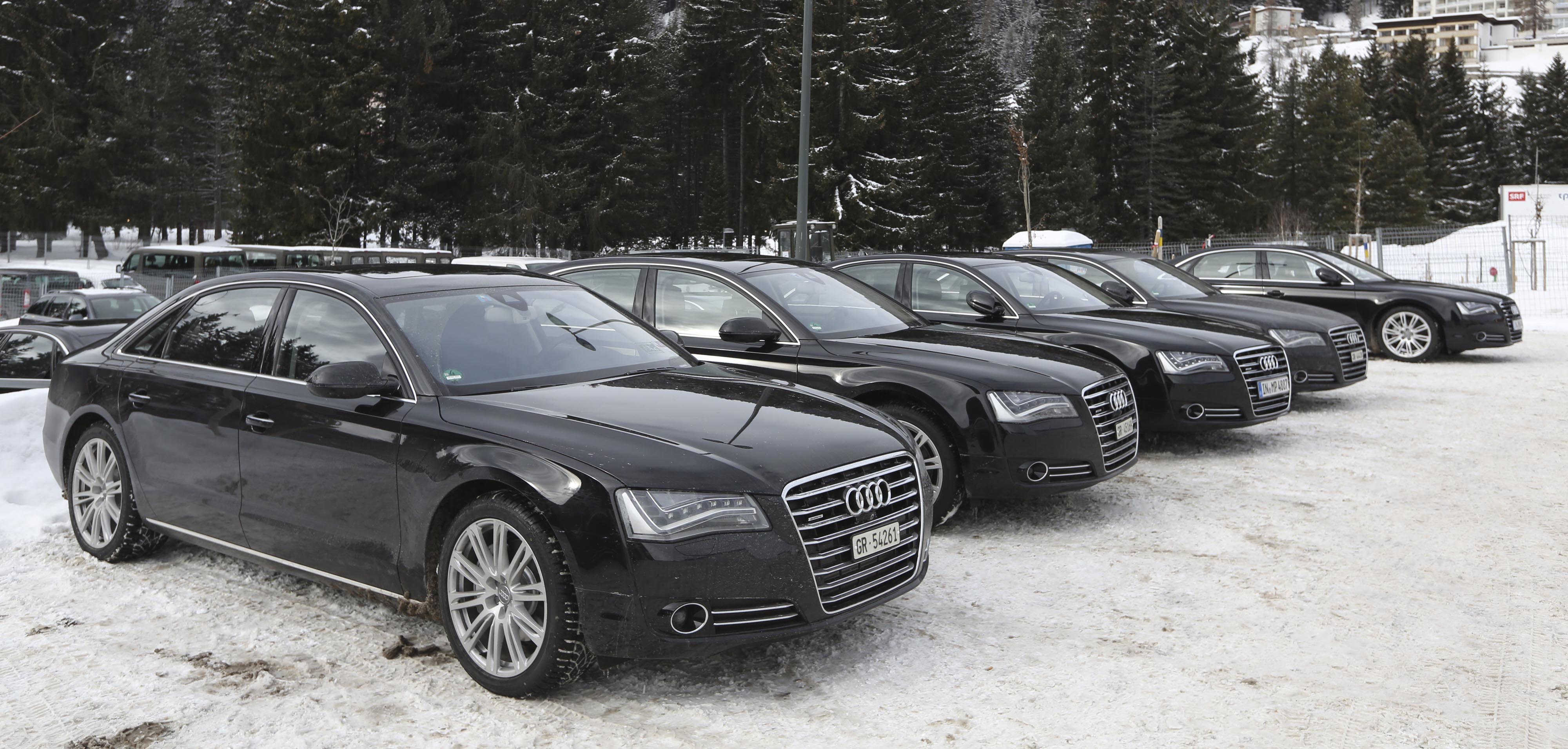 A fleet of Audi A8 Quattro automobiles,&nbsp;used as VIP transport during the World Economic Forum, are seen in Davos.