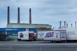 Haulage truck trailers on the dockside at Larne Port in Larne, Northern Ireland, UK.