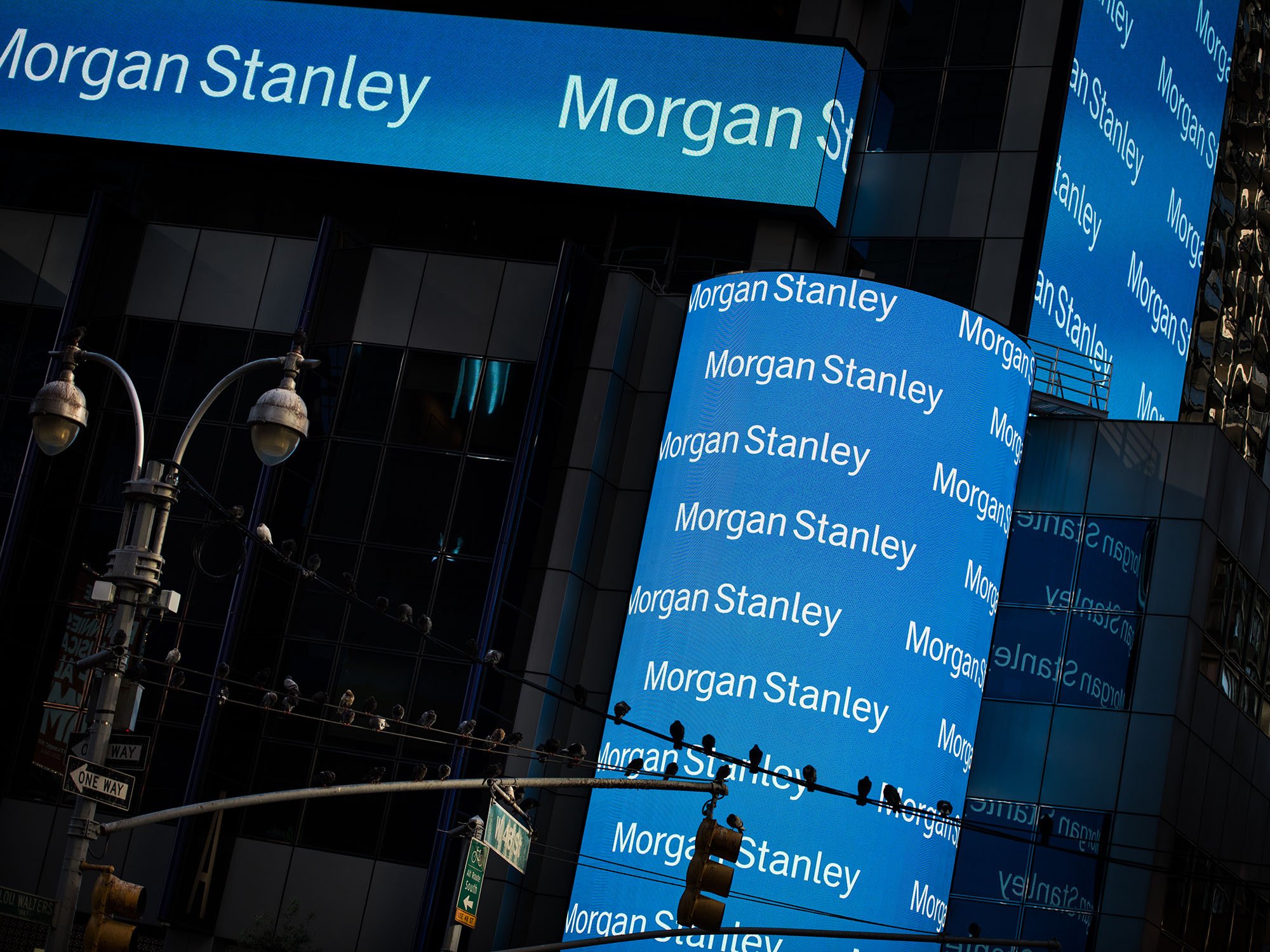 Morgan Stanley digital signage is displayed on the exterior of the company's headquarters in New York.