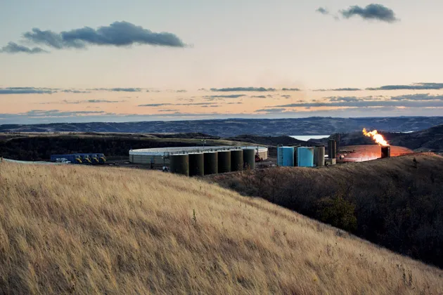 A fracking well burns on Fort Berthold. According to a tribe member, there have been about 70 reports of ­oil-related ­pollution since 2009