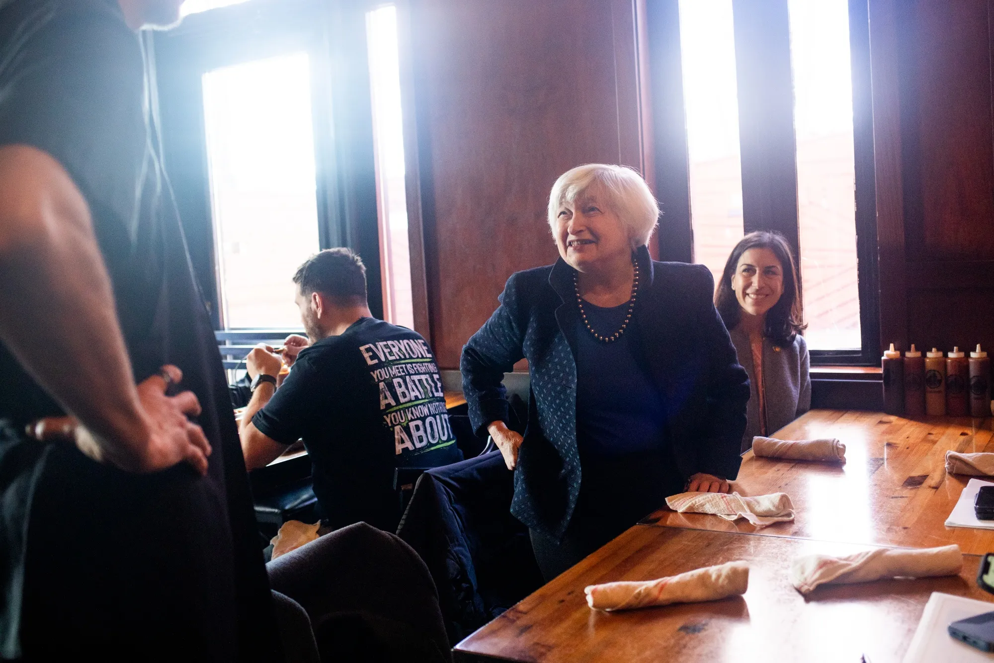 Janet Yellen greets kitchen staff before lunch at Slows BBQ in Detroit on Feb. 14.