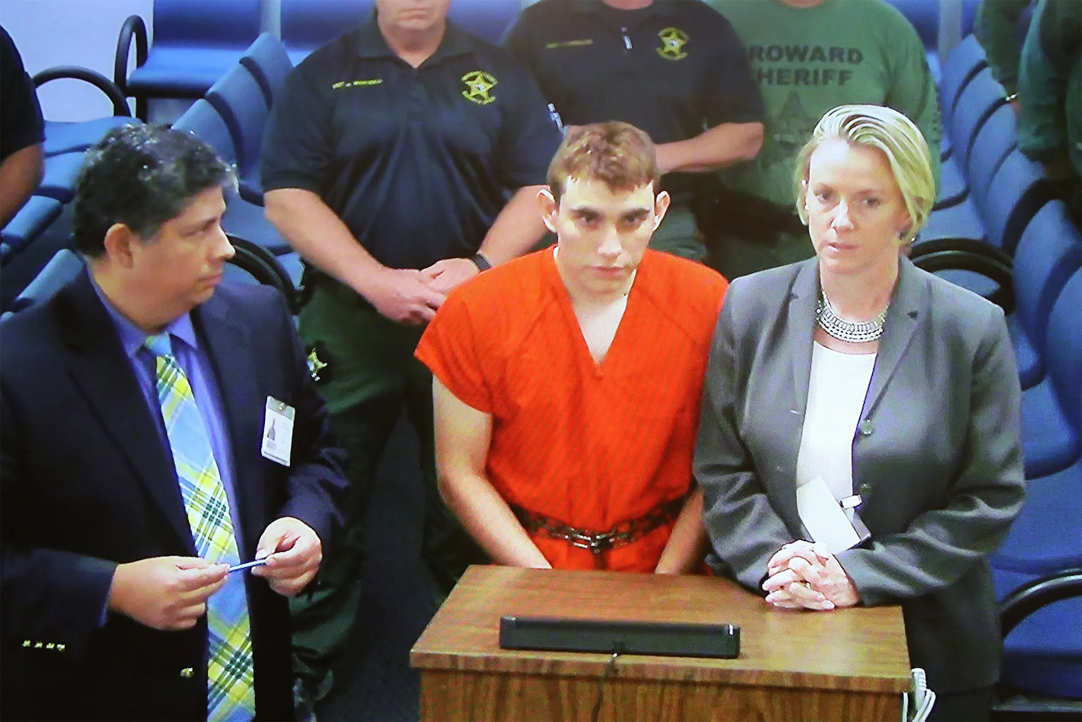 Nikolas Cruz is seen on a closed circuit television screen during a bond hearing in Fort Lauderdale, Fla. on Feb. 15.