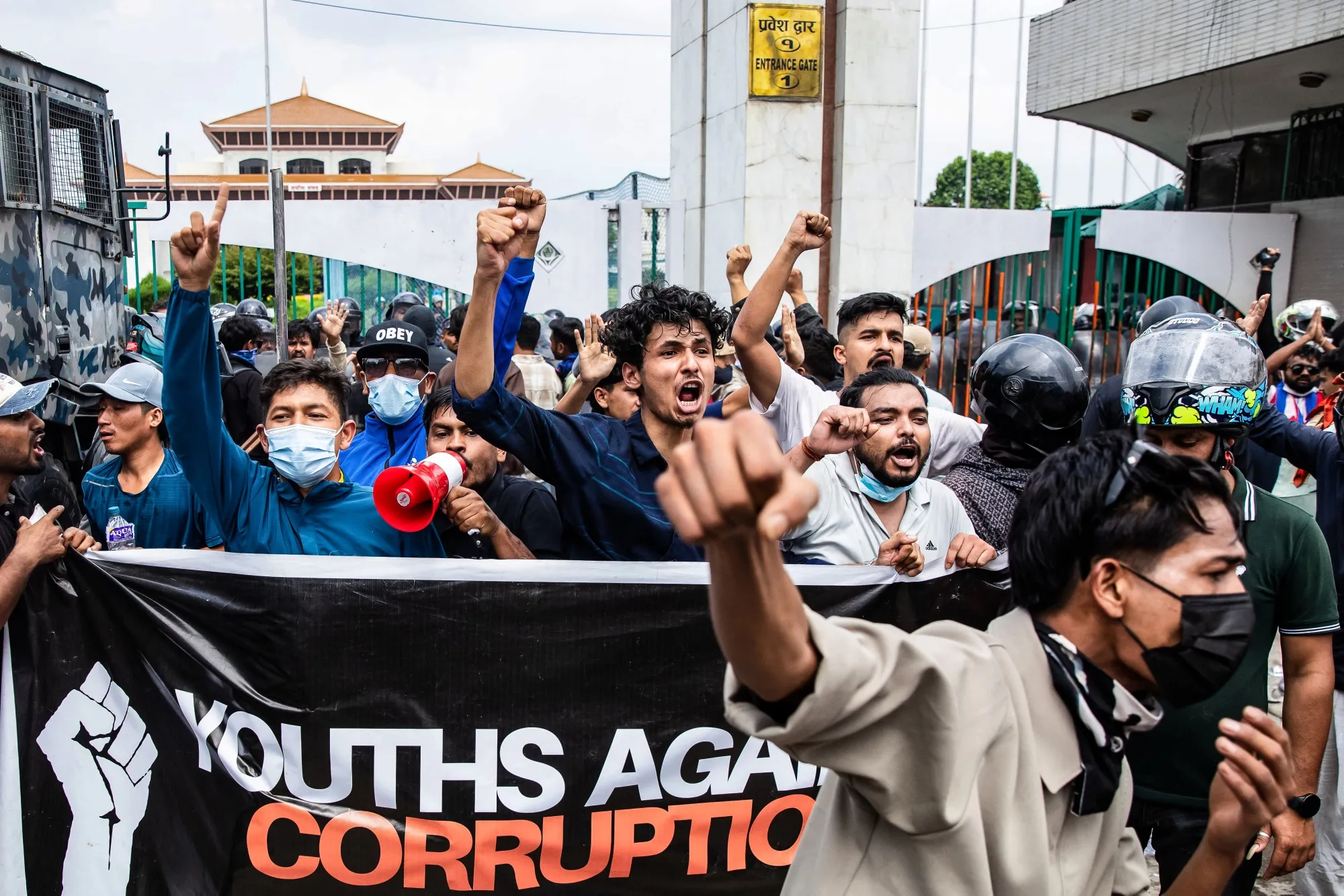 Demonstrators shout slogans during a protest outside the Parliament in Kathmandu on September 8, 2025. (Photo by PRABIN RANABHAT / AFP) (Photo by PRABIN RANABHAT/AFP via Getty Images)