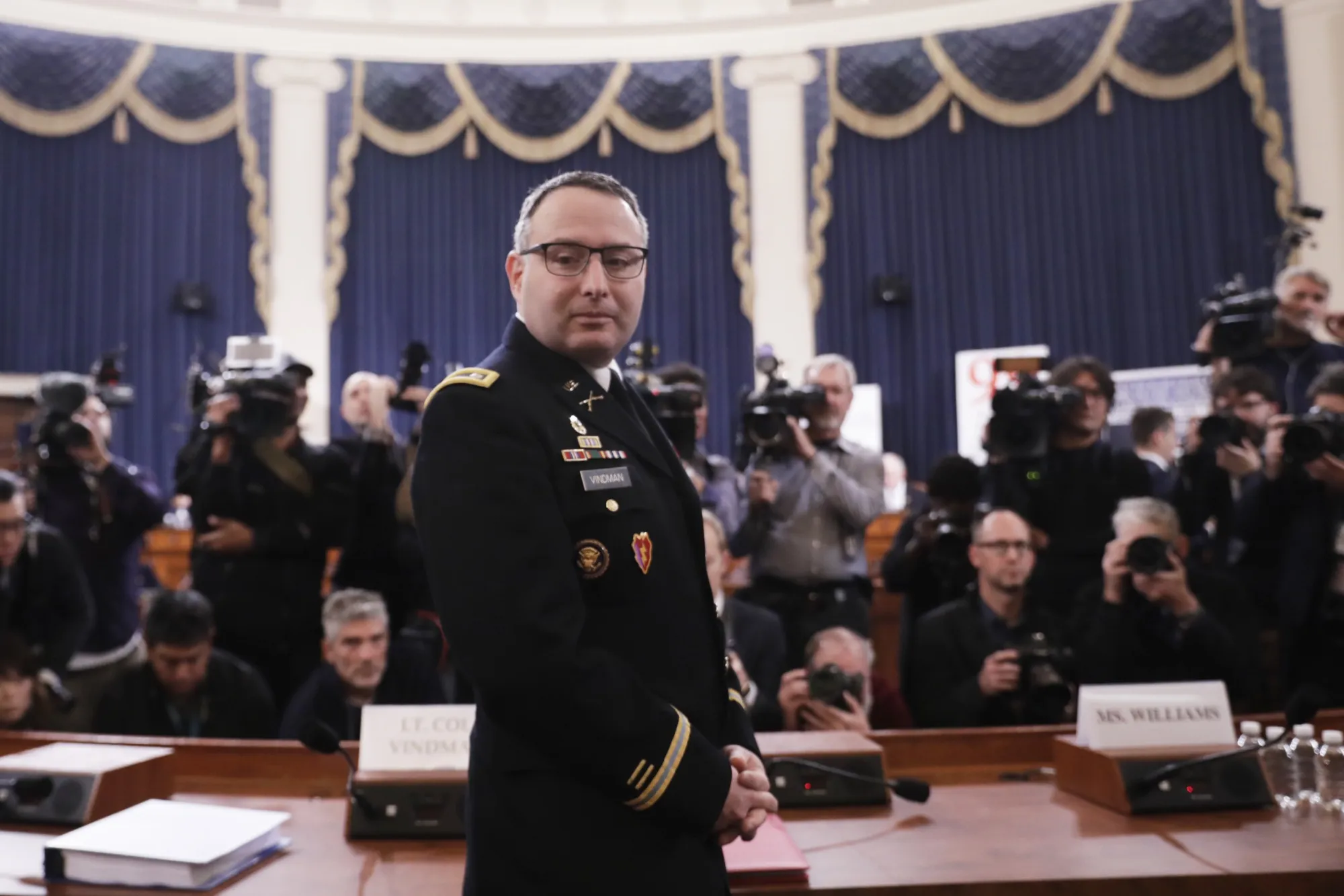 Alexander Vindman arrives for a House Intelligence Committee impeachment inquiry hearing in 2019.