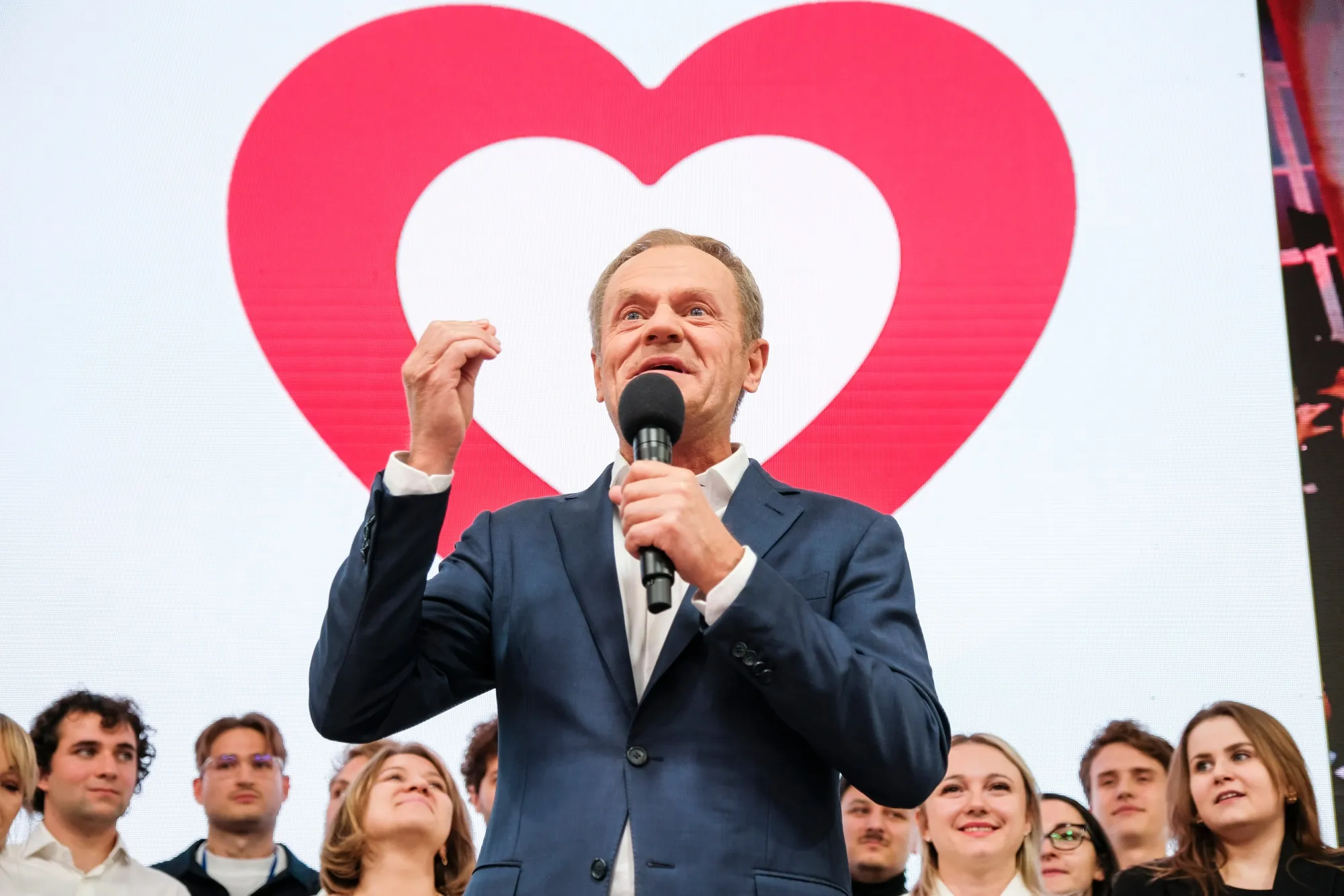 Donald Tusk speaks during an election night rally at the party headquarters in Warsaw on Sunday.