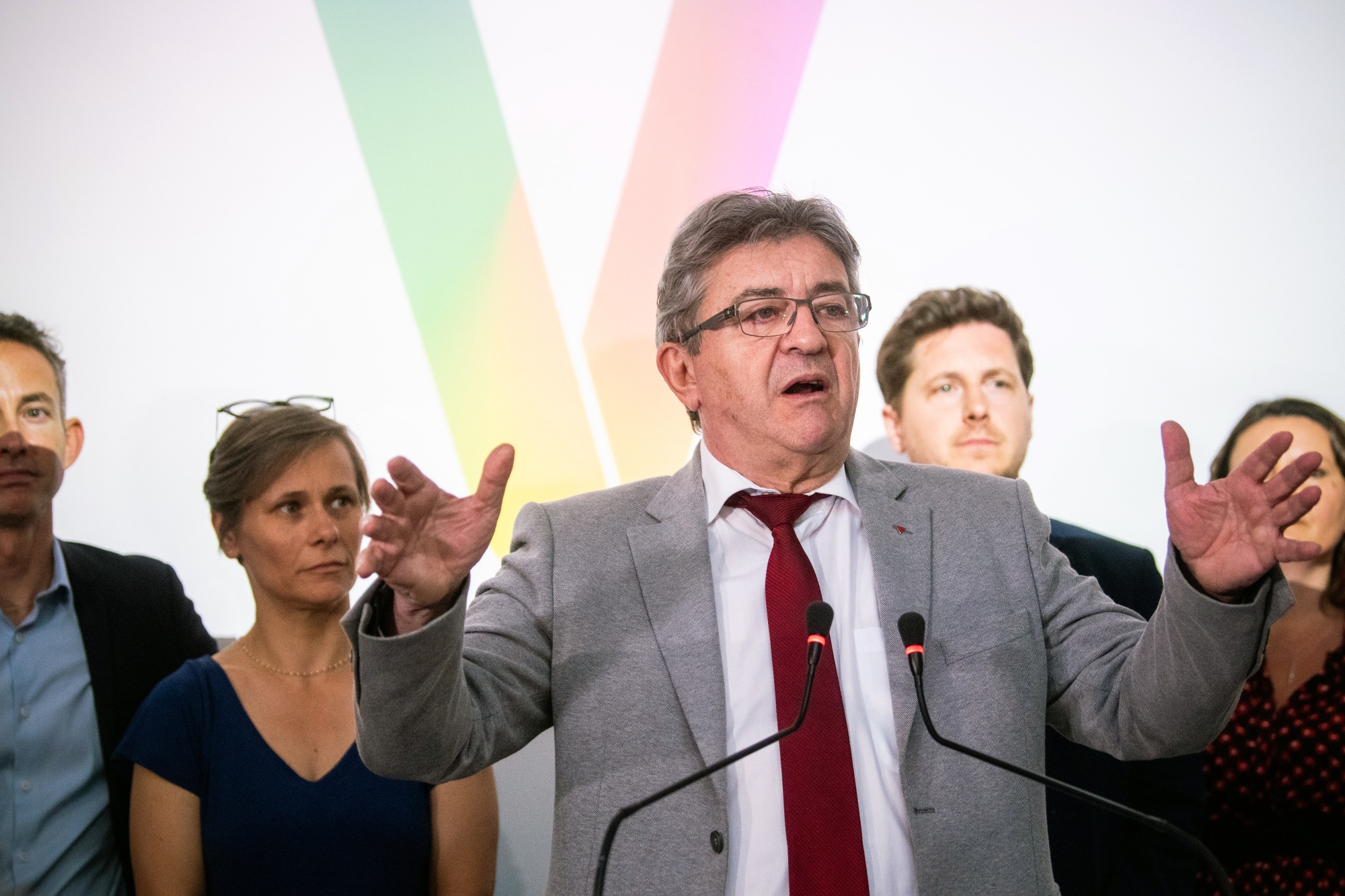 Jean-Luc Melenchon, leader of the France Unbowed party, speaks during an election night event in Paris,&nbsp;on June 12.&nbsp;