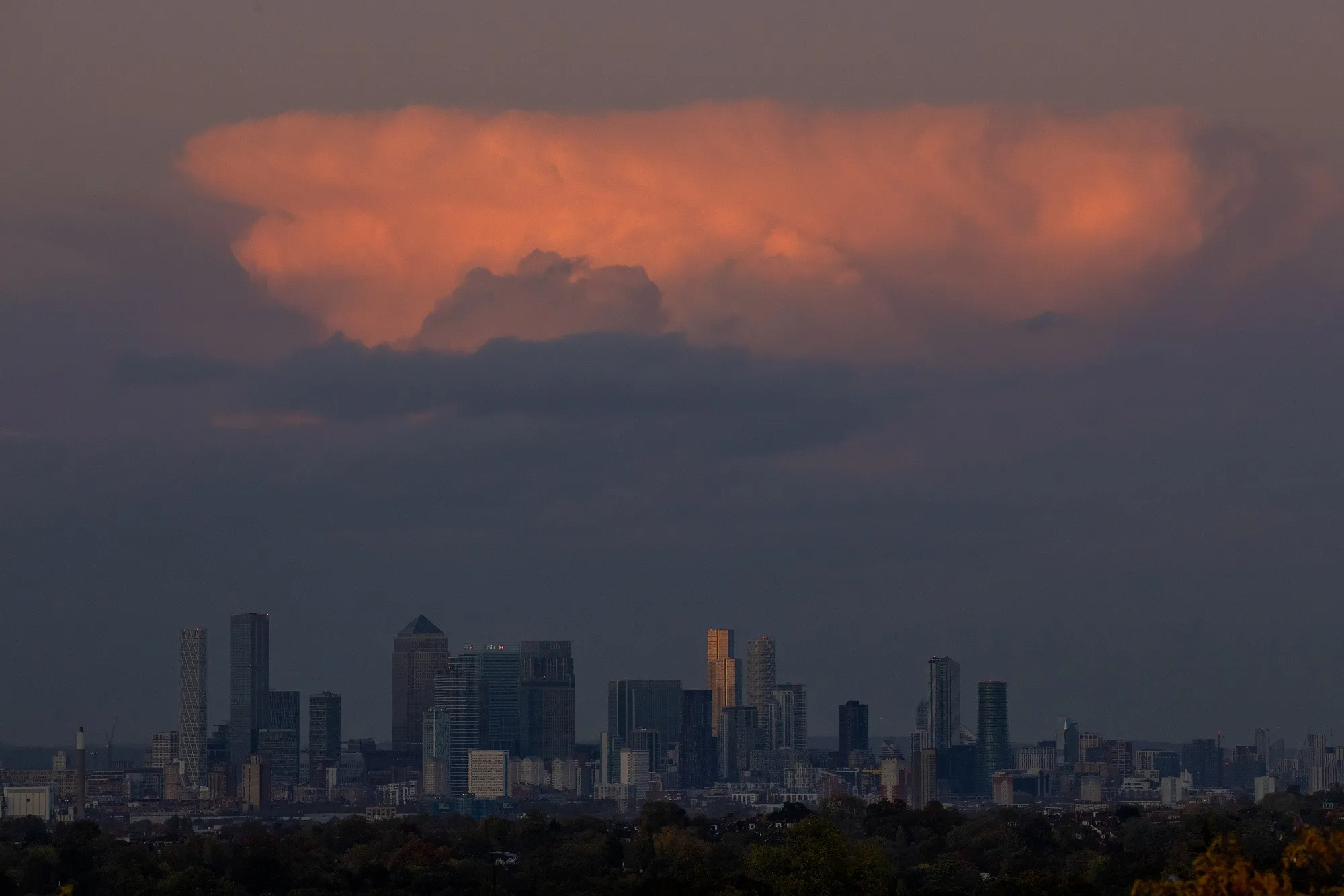 Clouds over the Canary Wharf district in London