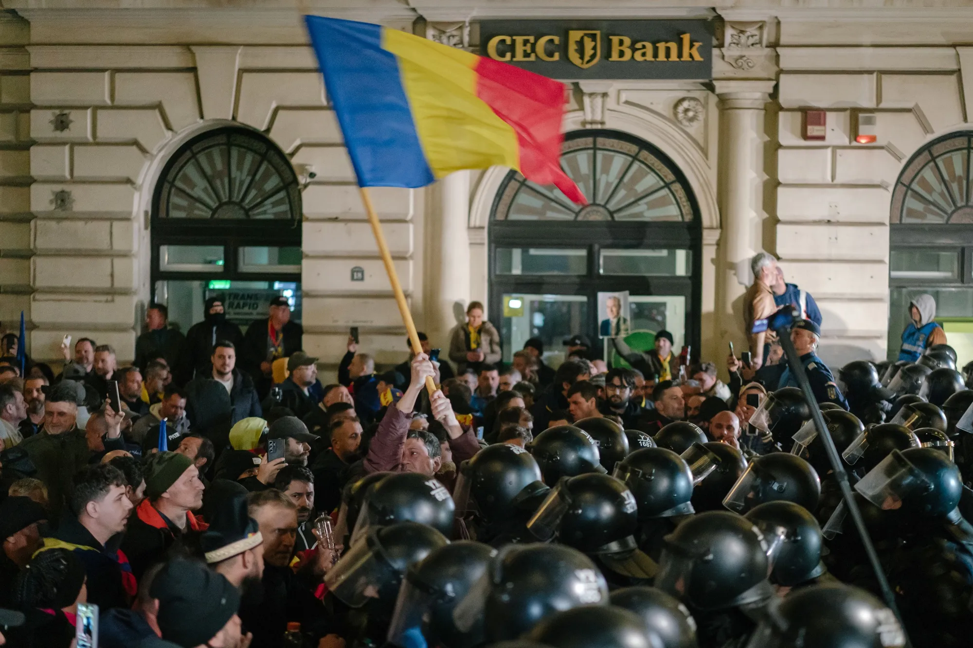 Protesters and riot police during a demonstration&nbsp;in Bucharest, on March 9.