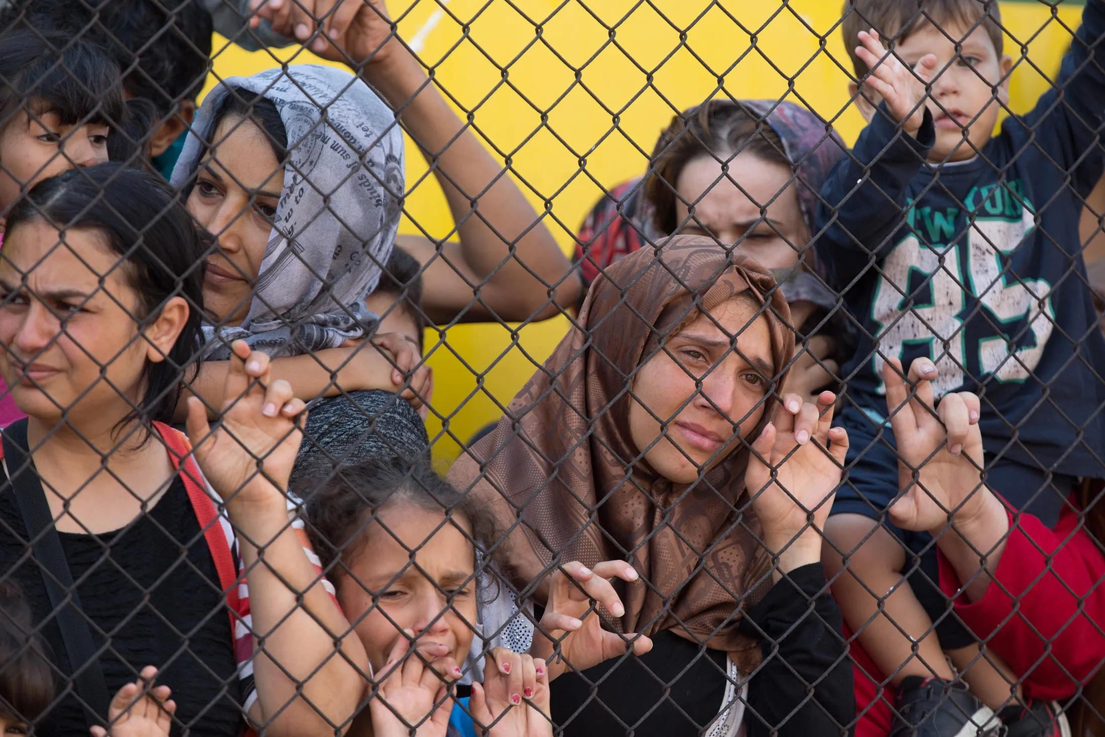 Migrants protest outside a train that they are refusing to leave for fear of being taken to a refugee camp, on Sept. 4, in Bicske, near Budapest, Hungary. The train has been held at Bicske station since yesterday .
