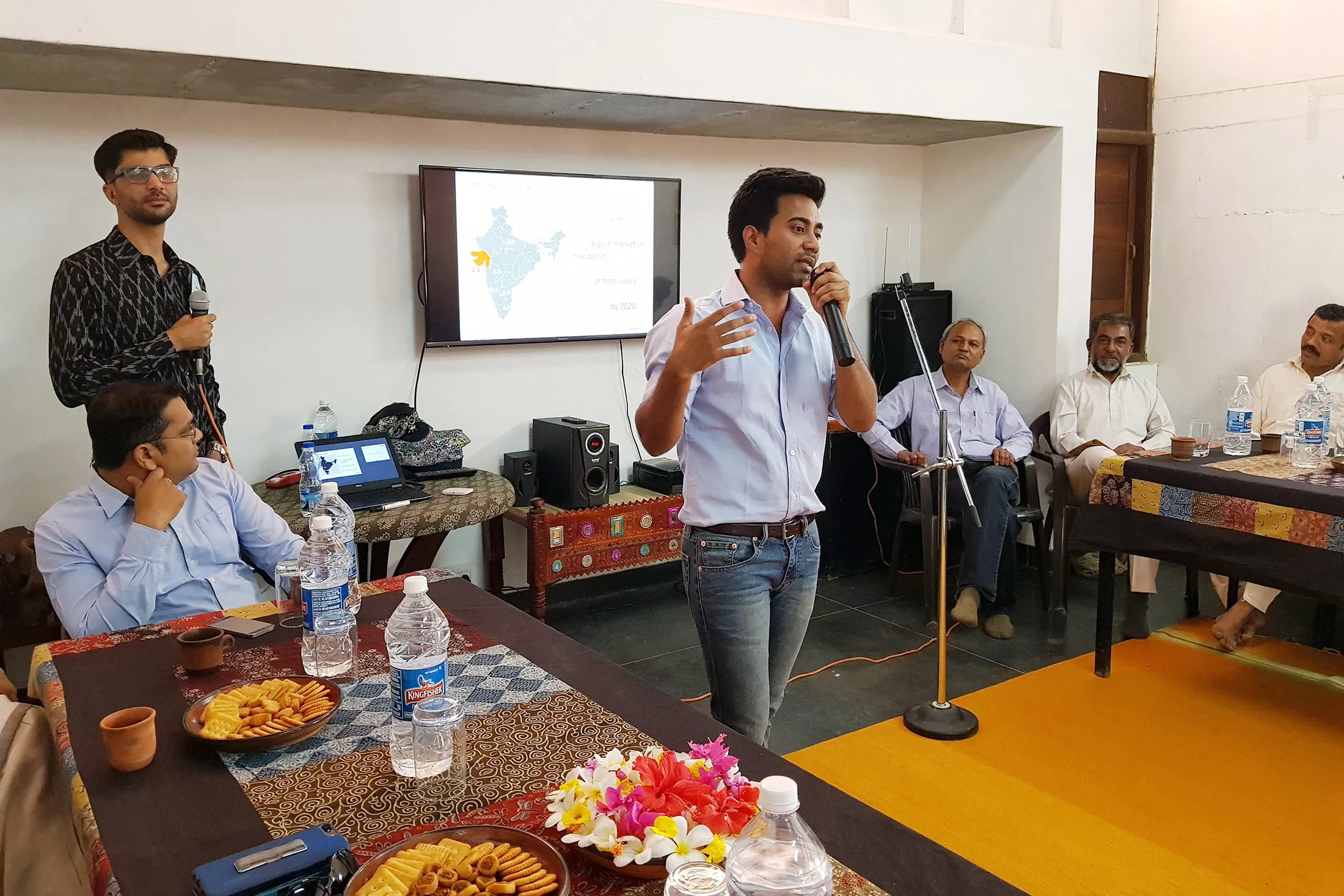 Aditya Agarwal and Viraj Thakkar, trainers, at the Amazon seller workshop in Bhuj, India.