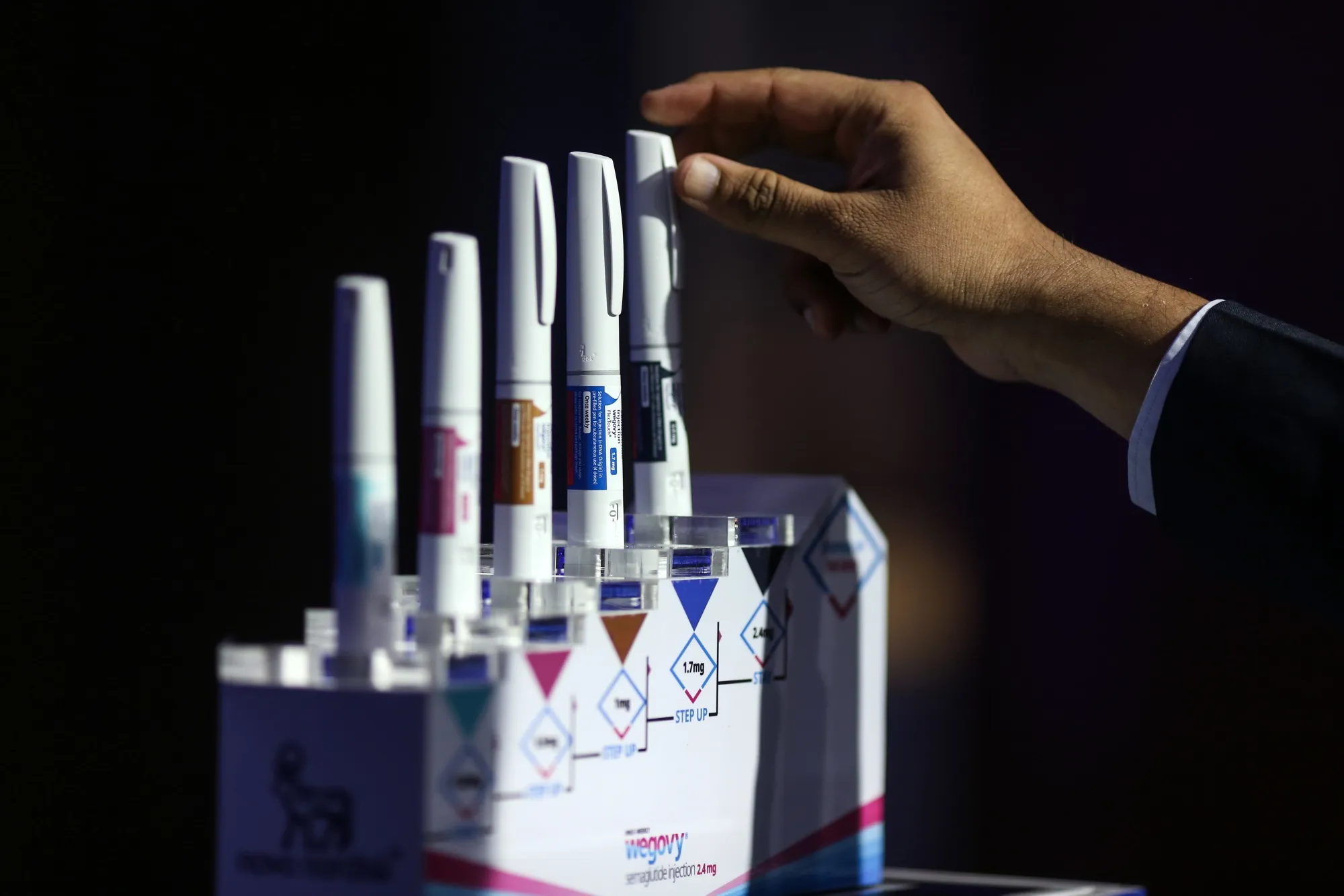 Injection pens for Wegovy on display during a news conference in Mumbai.