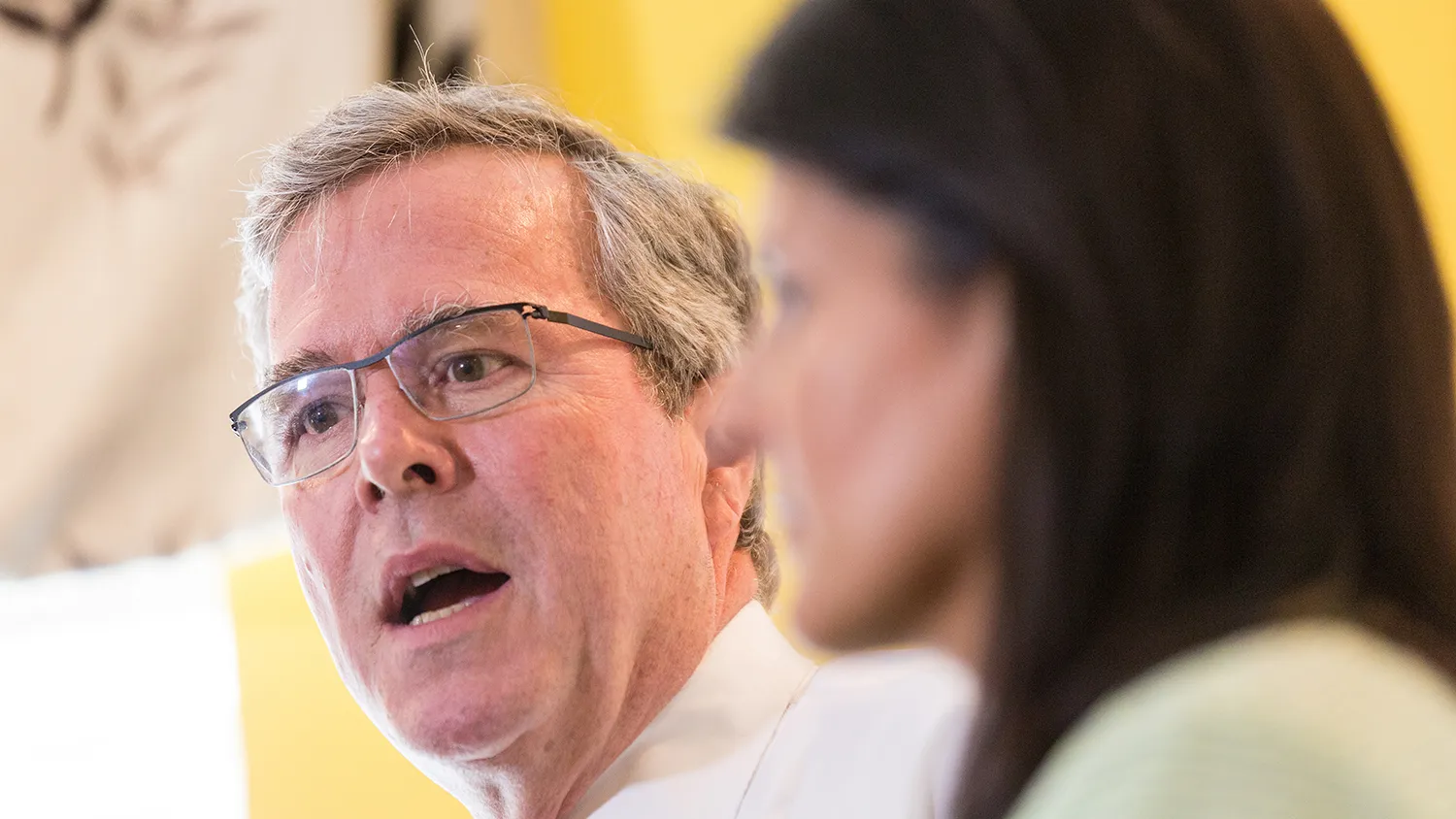Former Florida Governor Jeb Bush answers a question as South Carolina Governor Nikki Haley looks on on March 17, 2015, in Columbia, South Carolina.
