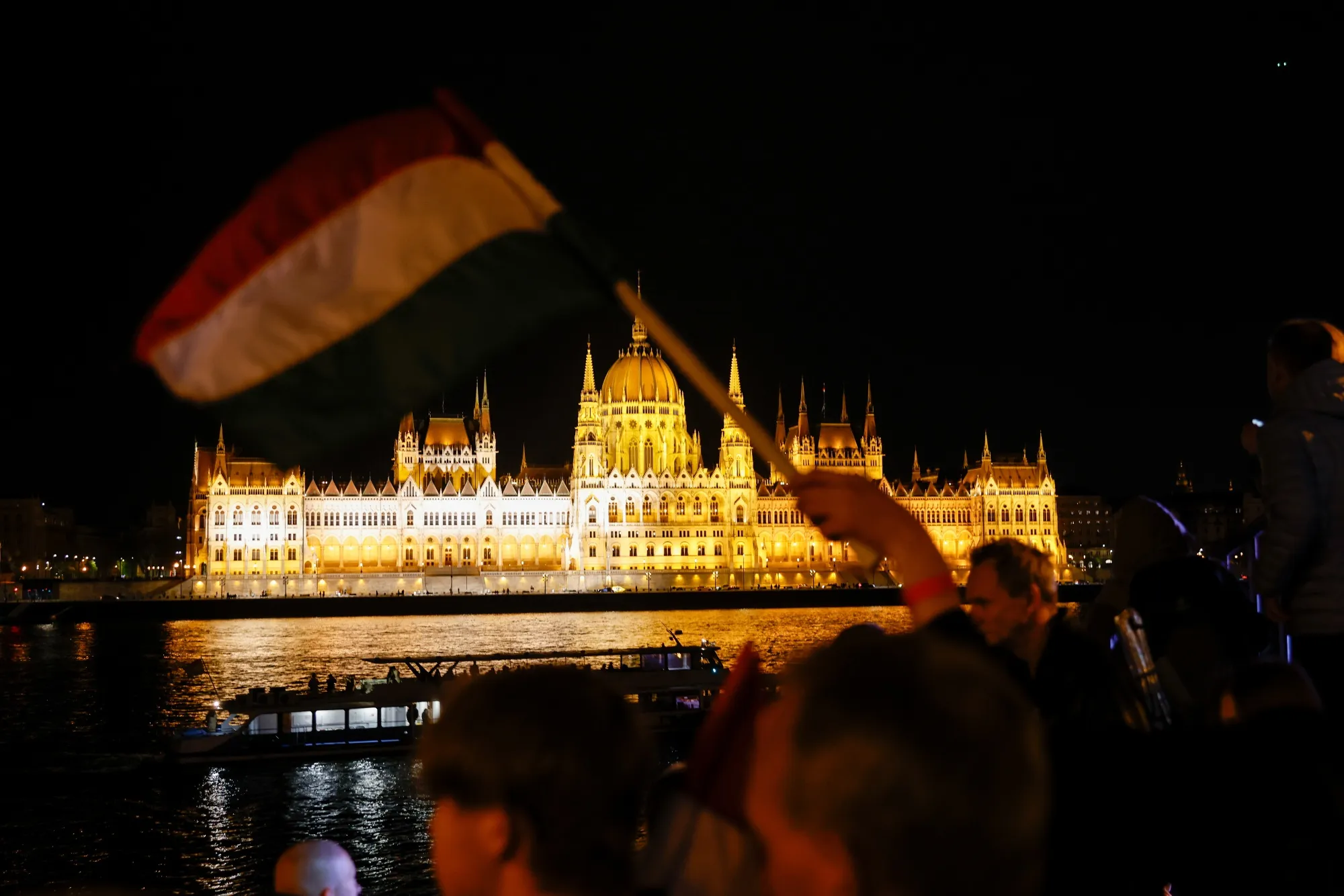 Hungarians celebrate Peter Magyar’s election victory in Budapest on April 12.