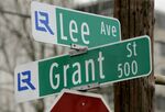 The intersection of Lee Ave., named for Confederate General Robert E. Lee, and Grant Street, named for President Ulysses S. Grant, is shown in Little Rock, Arkansas.