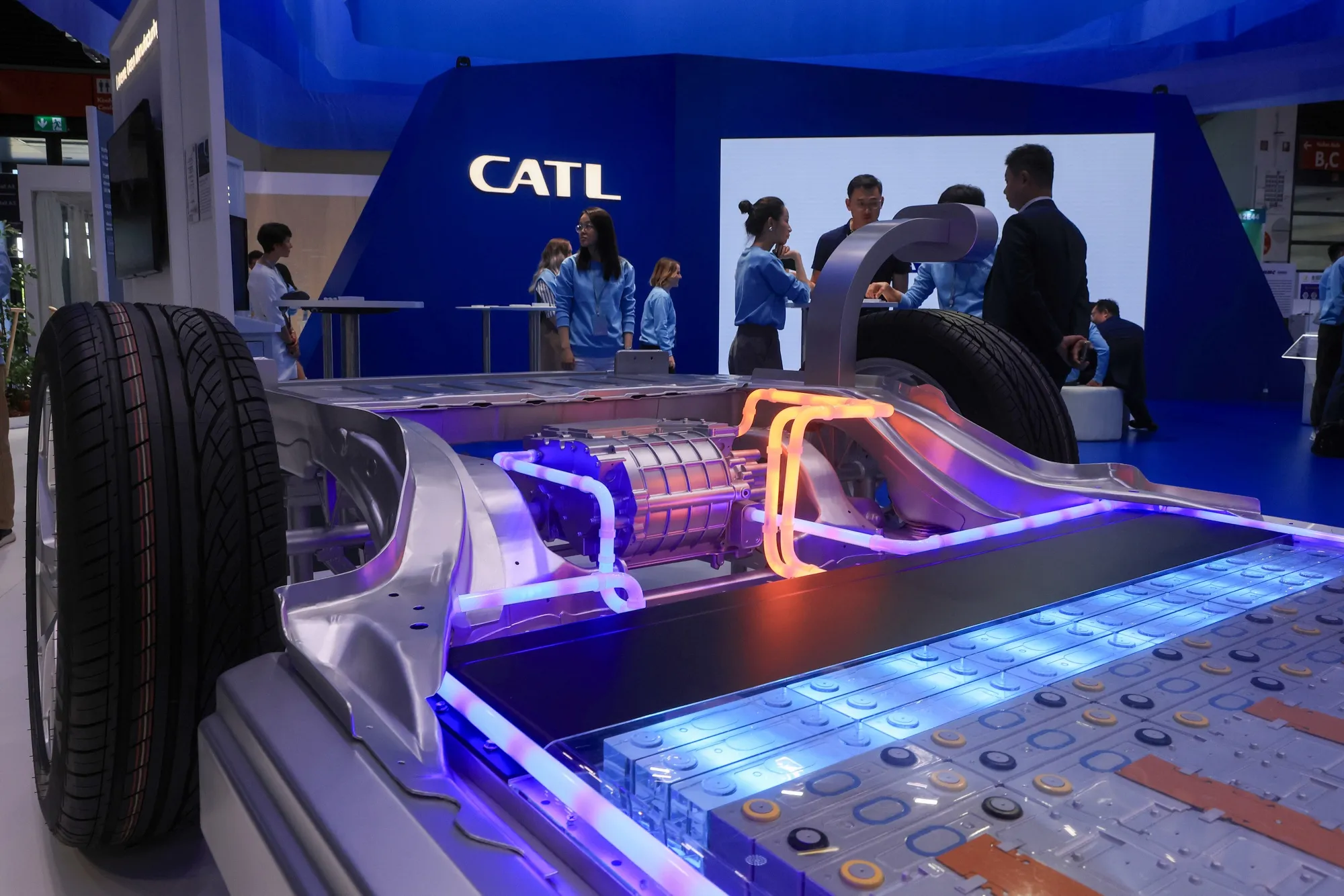 A model of a battery powered motor at the CATL booth on the opening day of the Munich Motor Show&nbsp;in Munich on Sept. 5, 2023.