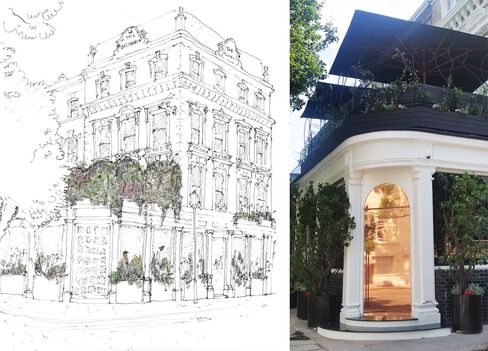 Casa Cruz stands on a beautiful residential street in West London (as depicted in the rendering at left). The entrance is marked by a large copper door, and the terrace is upstairs.