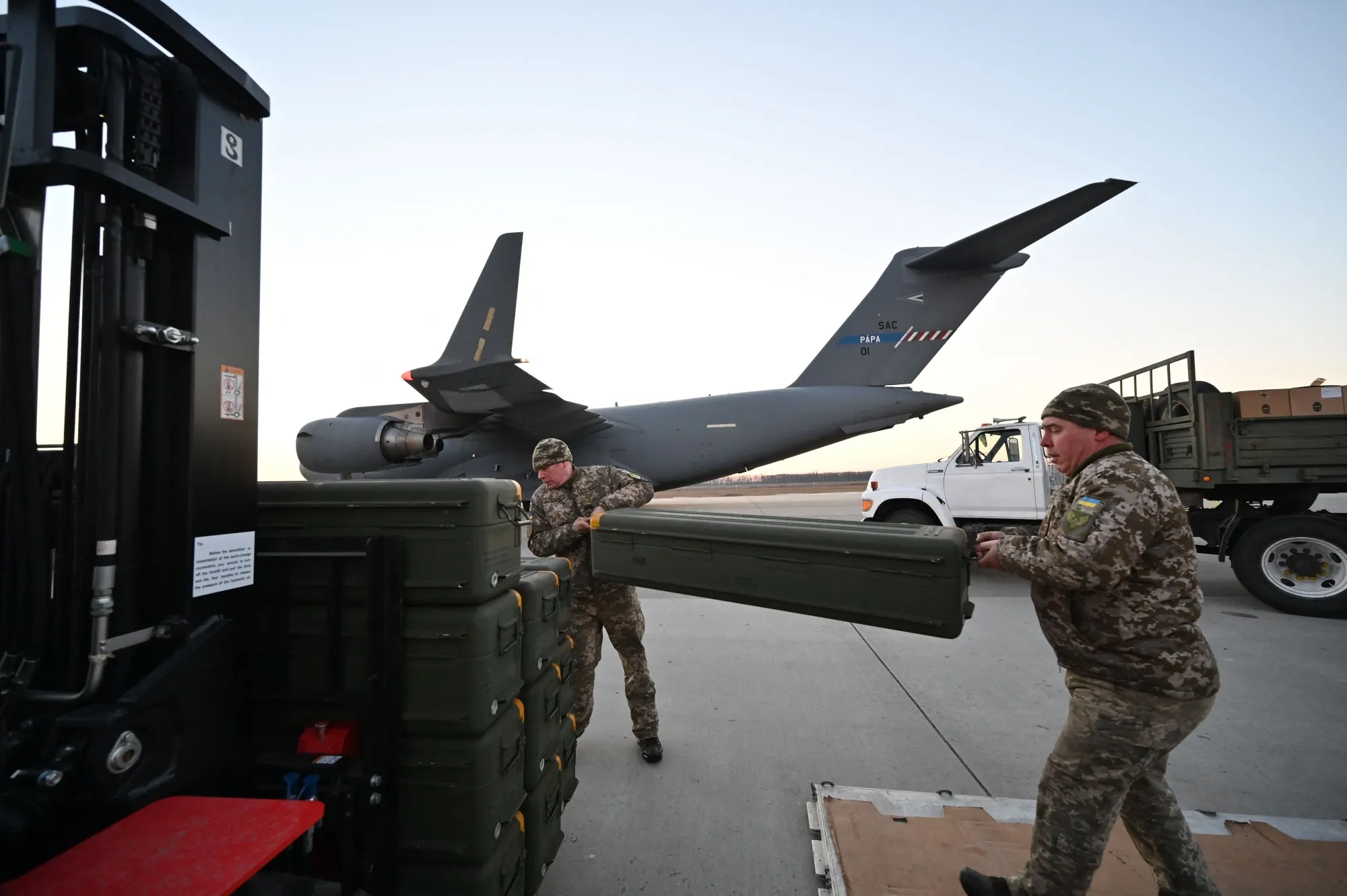 Ukrainian Military Forces move US made FIM-92 Stinger missiles at Boryspil Airport in Kyiv last year.
