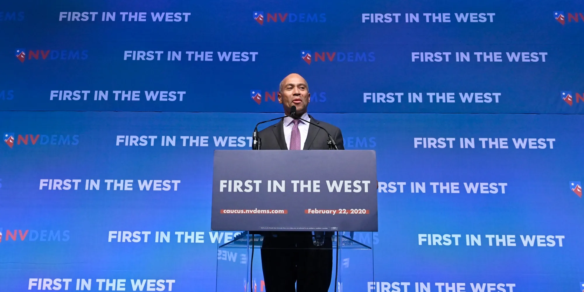 Deval Patrick speaks during the Nevada Democratic’s “First in the West” event at Bellagio Resort & Casino in Las Vegas on Nov. 17.
