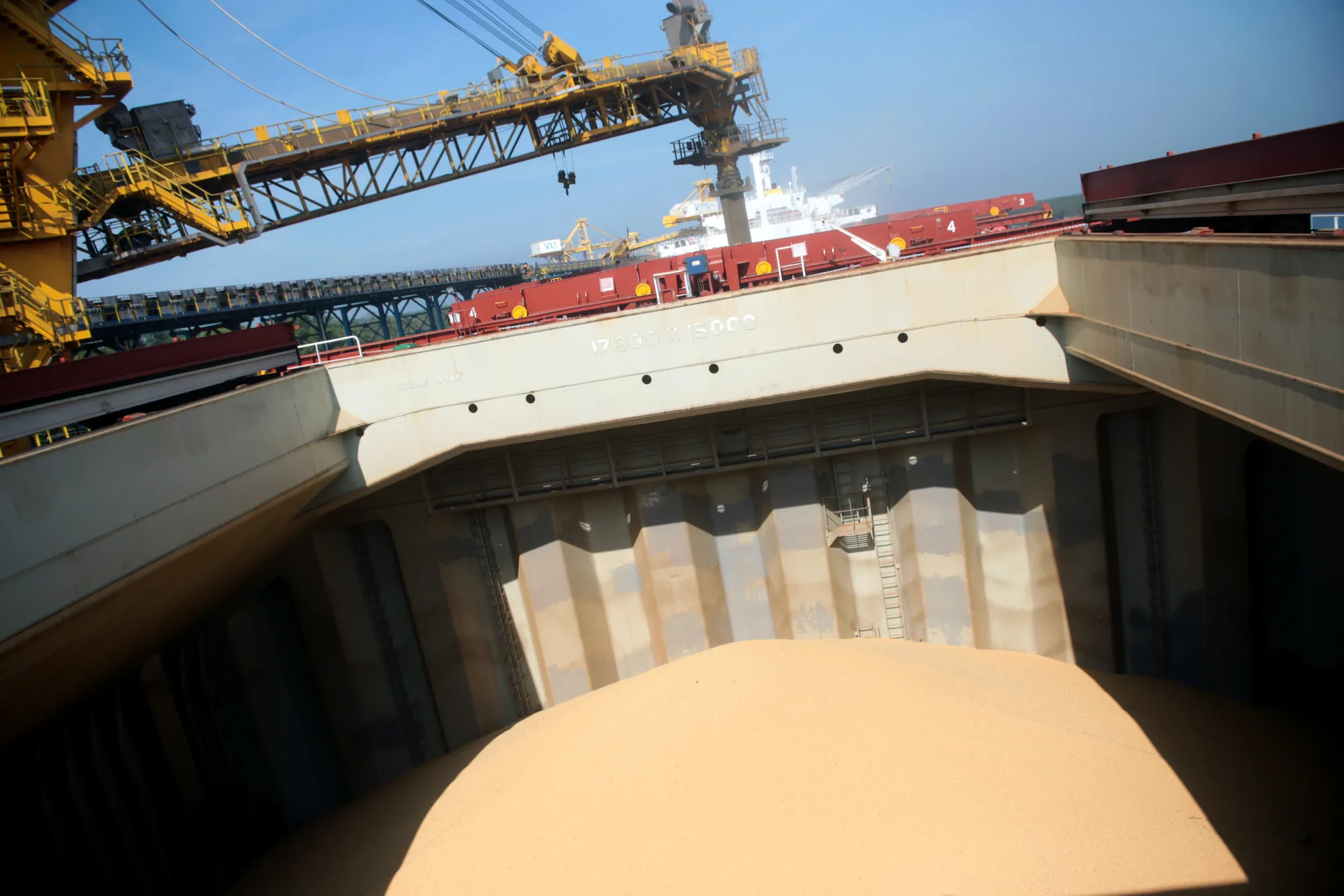 Soybeans in a cargo ship headed to China at the Tiplam terminal in Santos, Brazil.