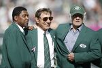 Former New York Jets wide receiver Wesley Walker, left, Hall of Fame quarterback Joe Namath, center, and Hall of Fame wide receiver Don Maynard, right, participate in a New York Jets Ring of Honor ceremony honoring former Jets defensive tackle Marty Lyons during a halftime ceremony of an NFL football game between the New York Jets and the Pittsburgh Steelers Sunday, Oct. 13, 2013, in East Rutherford, N.J. Don Maynard, a Hall of Fame receiver who made his biggest impact catching passes from Joe Namath in the wide-open AFL, has died. He was 86. The Pro Football Hall of Fame confirmed Maynard's death on Monday, Jan. 10, 2022, through his family. (AP Photo/Kathy Willens, File)