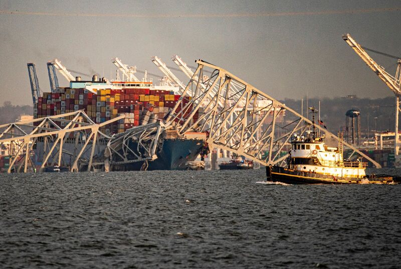 The collapsed Francis Scott Key Bridge after being struck by the Dali container ship, in Baltimore, on March 26.