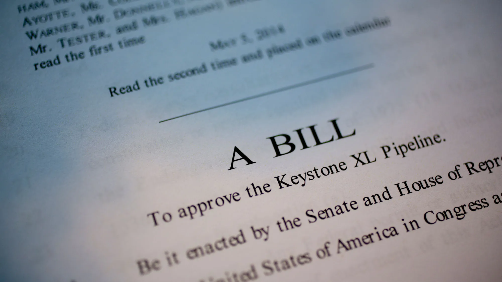 A copy of S. 2280, a bill which would approve the Keystone XL Pipeline, is arranged for a photograph in Washington, D.C., U.S., on Monday, Nov. 17, 2014.
