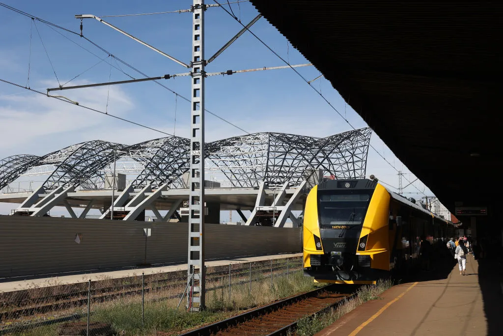 A new Skoda electric train&nbsp;at a rail terminus in Riga, Latvia, near the partly built Rail Baltica hub&nbsp;in June, 2024. The rail megaproject that aims to link the Baltic region to the rest of Europe by the end of the decade faces a funding shortfall of at least&nbsp;€10 billion.