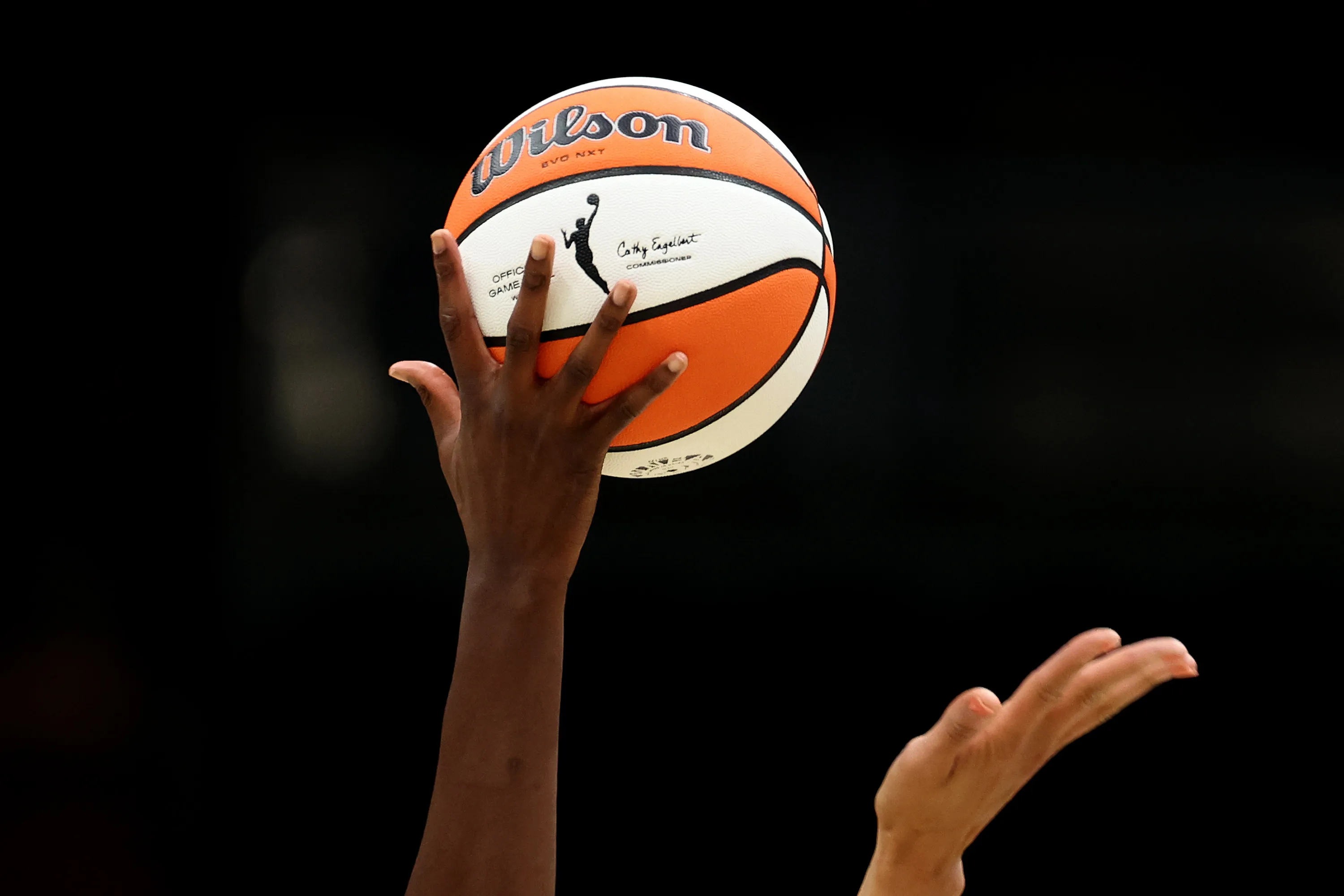 The basketball during the opening&nbsp;tipoff during a game&nbsp;at Climate Pledge Arena&nbsp;in Seattle.