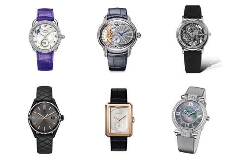 Clockwise from top left: Hermès Arceau Petite Lune with diamonds, Audemars Piguet Millenary, Claude Meylan Lionne Sheherazade, Chopard Imperiale 36mm Joaillerie, Chanel Boy∙Friend Beige Gold, TAG Heuer Carrera Cara Delevigne