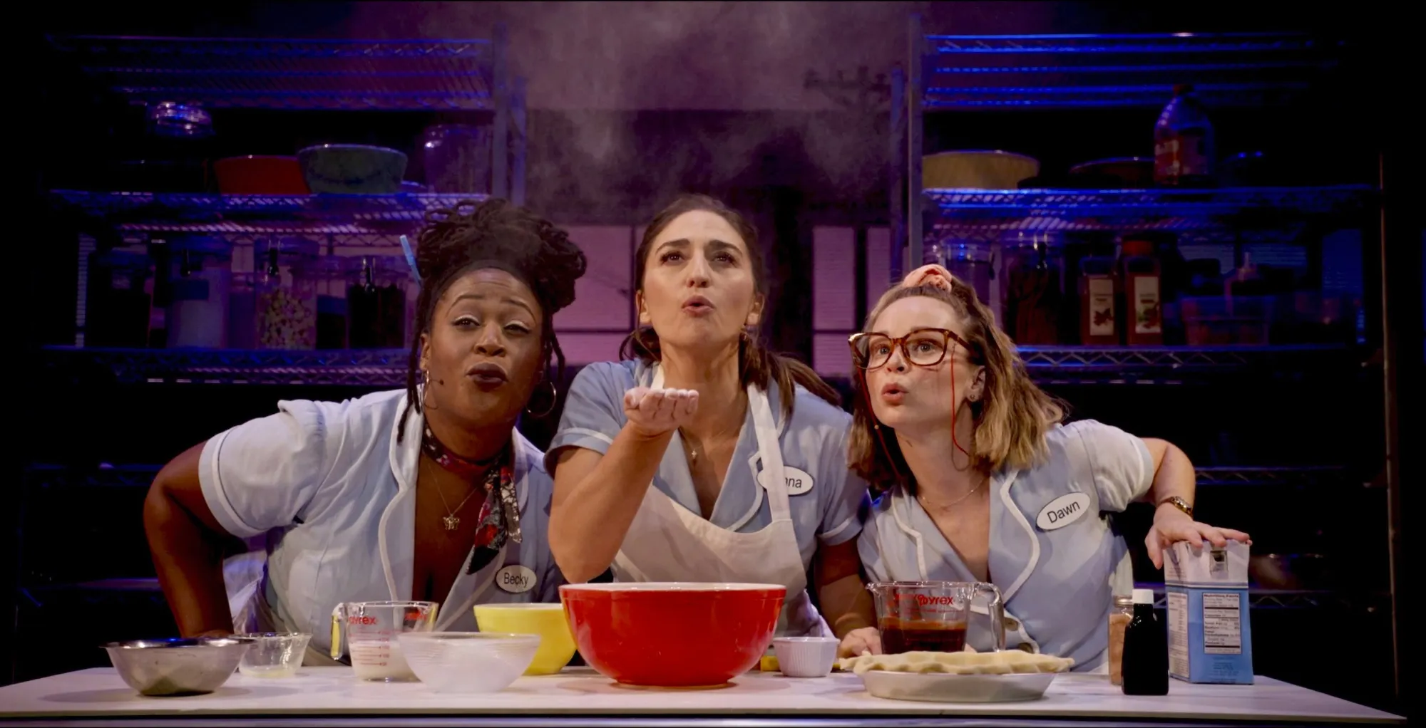 This image released by Bleecker Street shows Charity Angél Dawson, from left, Sara Bareilles, and Caitlin Houlahan in a scene from "Waitress: The Musical." (Bleecker Street via AP)