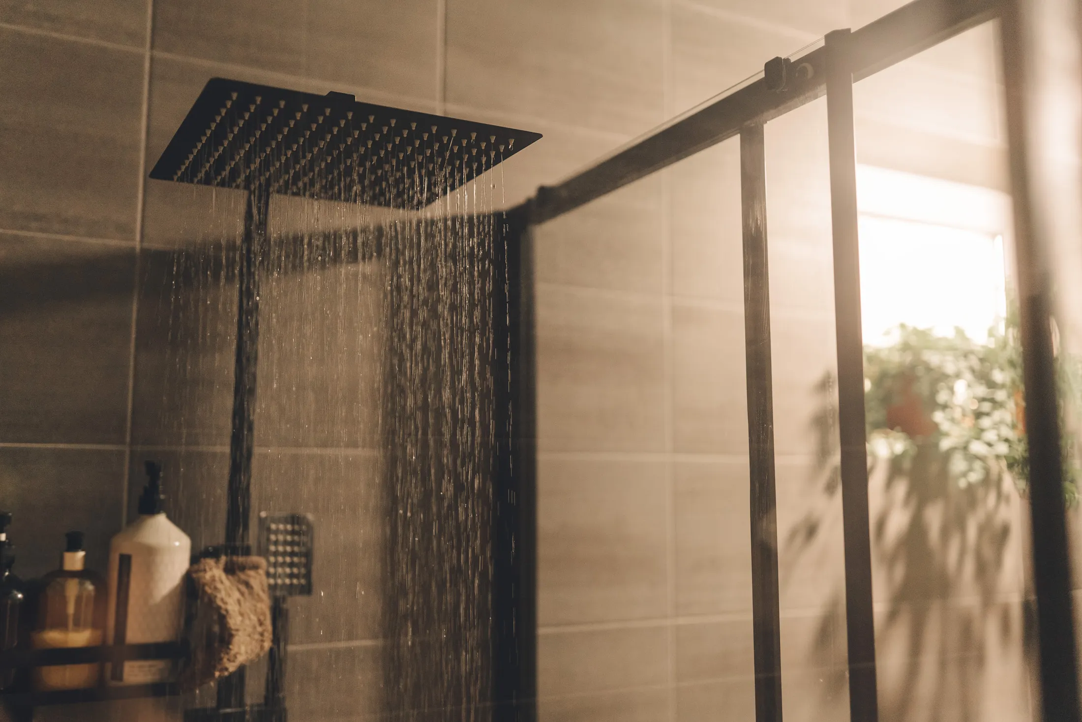 Close up of Water flowing from shower in the bathroom interior