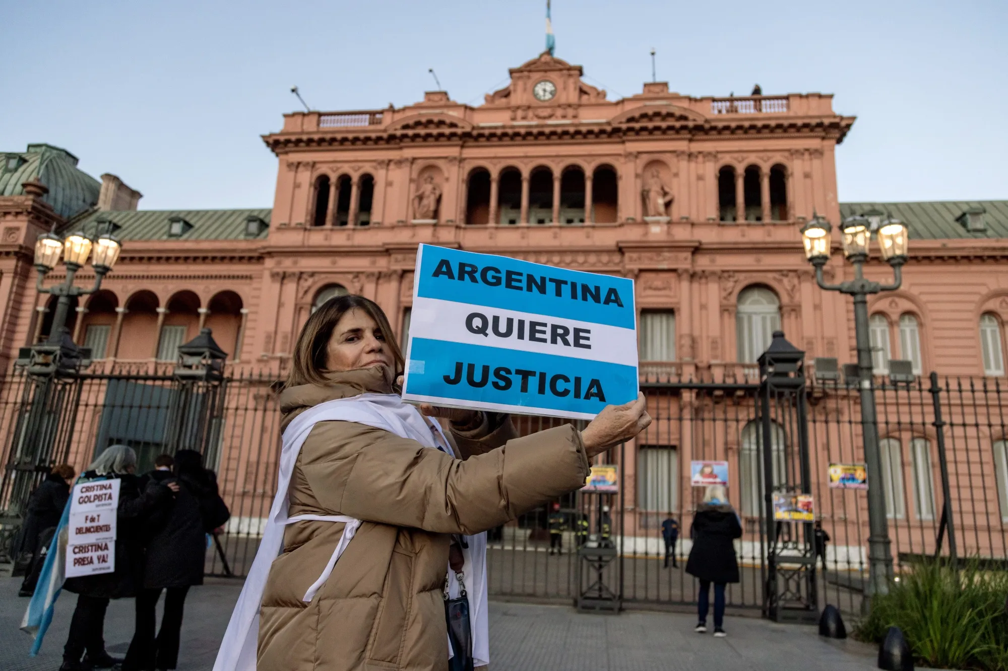 Demonstrators with a sign “Argentina Wants Justice” during anti-government protests at the Plaza de Mayo in Buenos Aires, on Aug. 18.