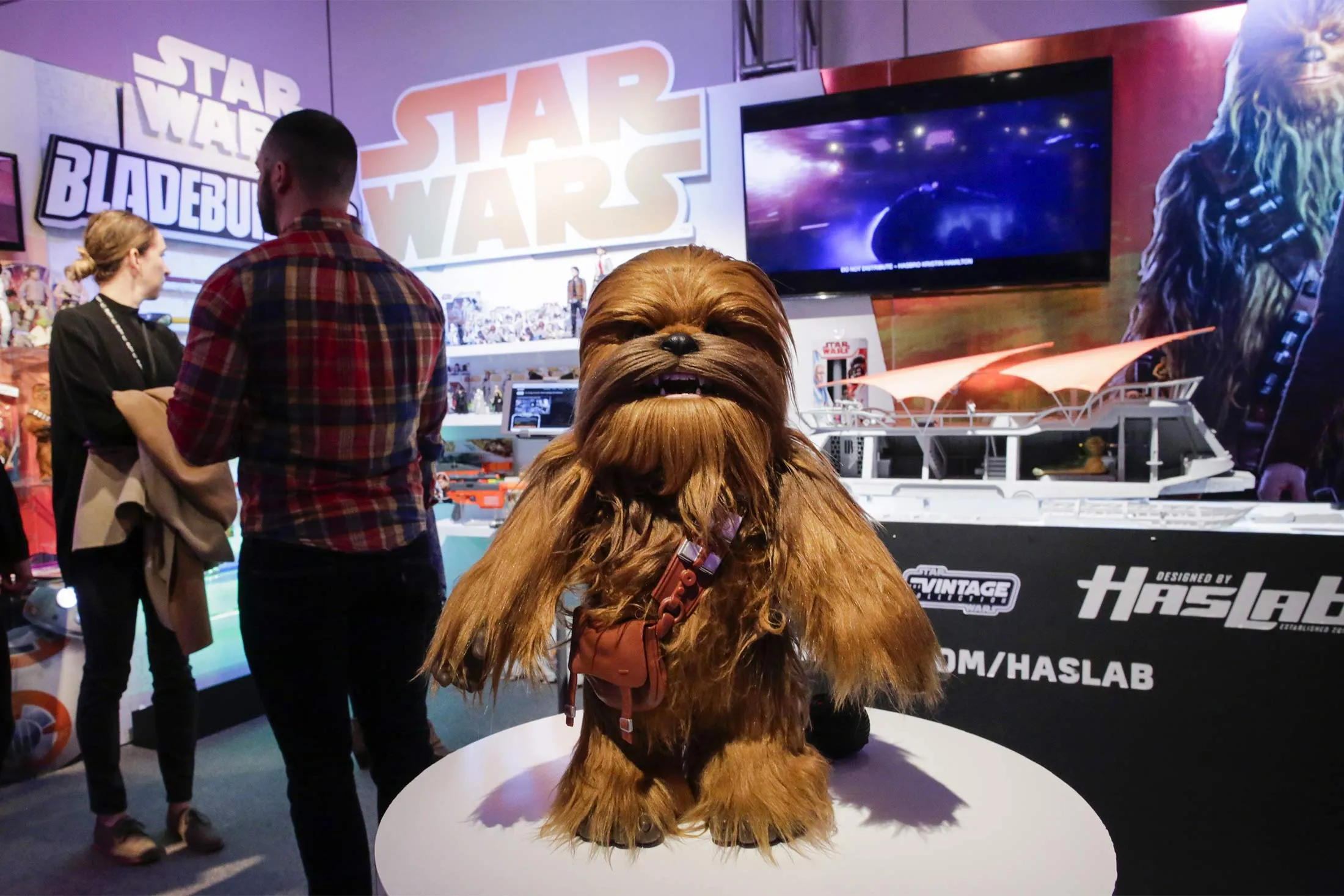 A Chewbacca doll is displayed as people visit the Star Wars booth at the Hasbro showroom during the annual New York Toy Fair, on February 20, 2018, in New York.&nbsp;