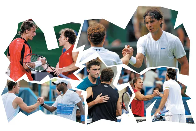 Russell pictured with (clockwise from top left) Lleyton Hewitt, Rafael Nadal, Tommy Haas, Gilles Simon, and Donald Young