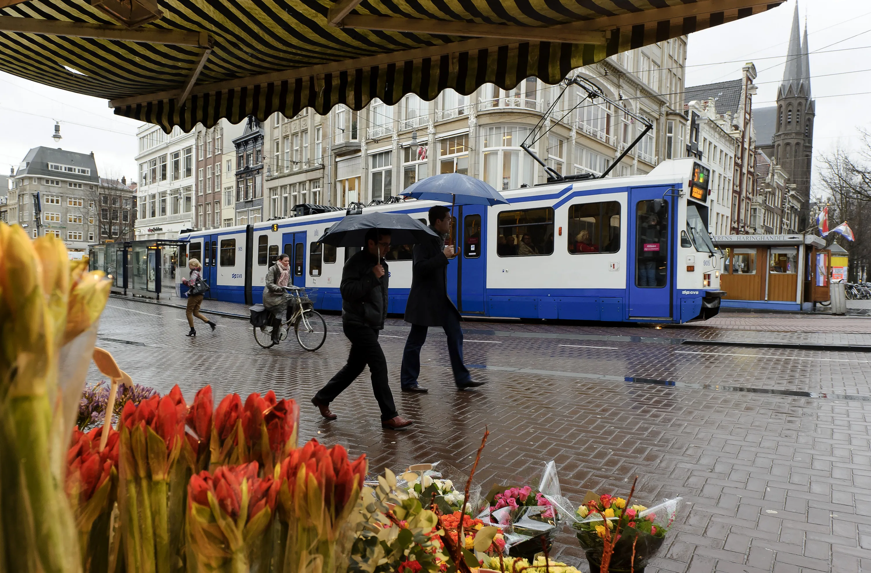 Pedestrians carrying umbrellas pass a flower stall in Amsterdam.

