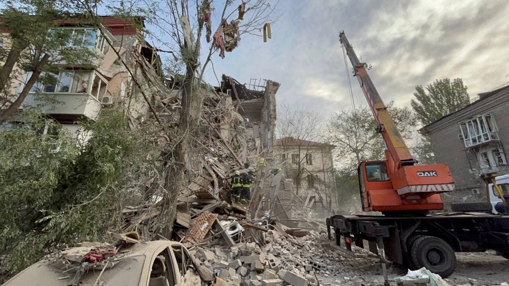 A destroyed building following a Russian rocket strike in Zaporizhzhia, Ukraine, on Oct. 6.
