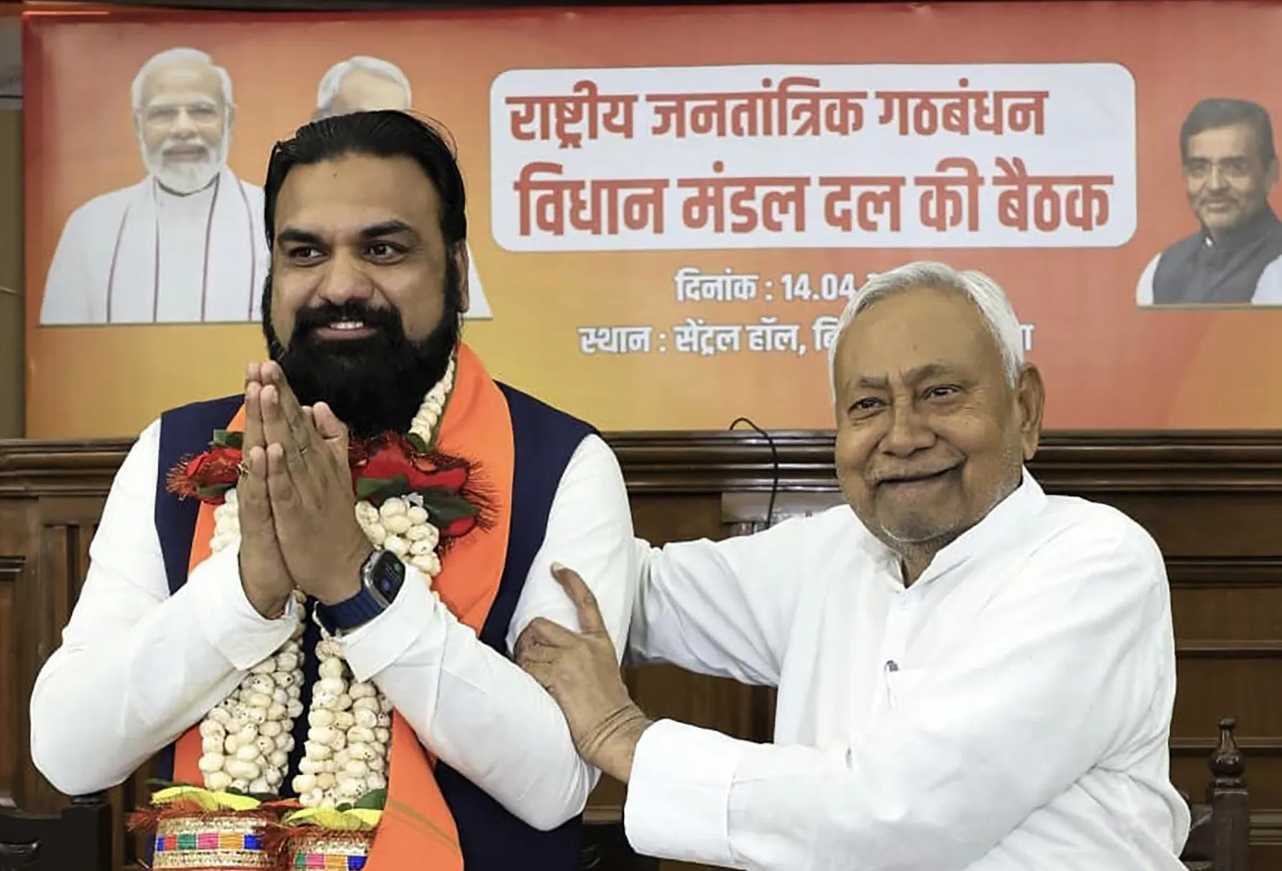 Outgoing Bihar Chief Minister Nitish Kumar, right, with&nbsp;Samrat Choudhary&nbsp;in Patna, India, on April 14.&nbsp;