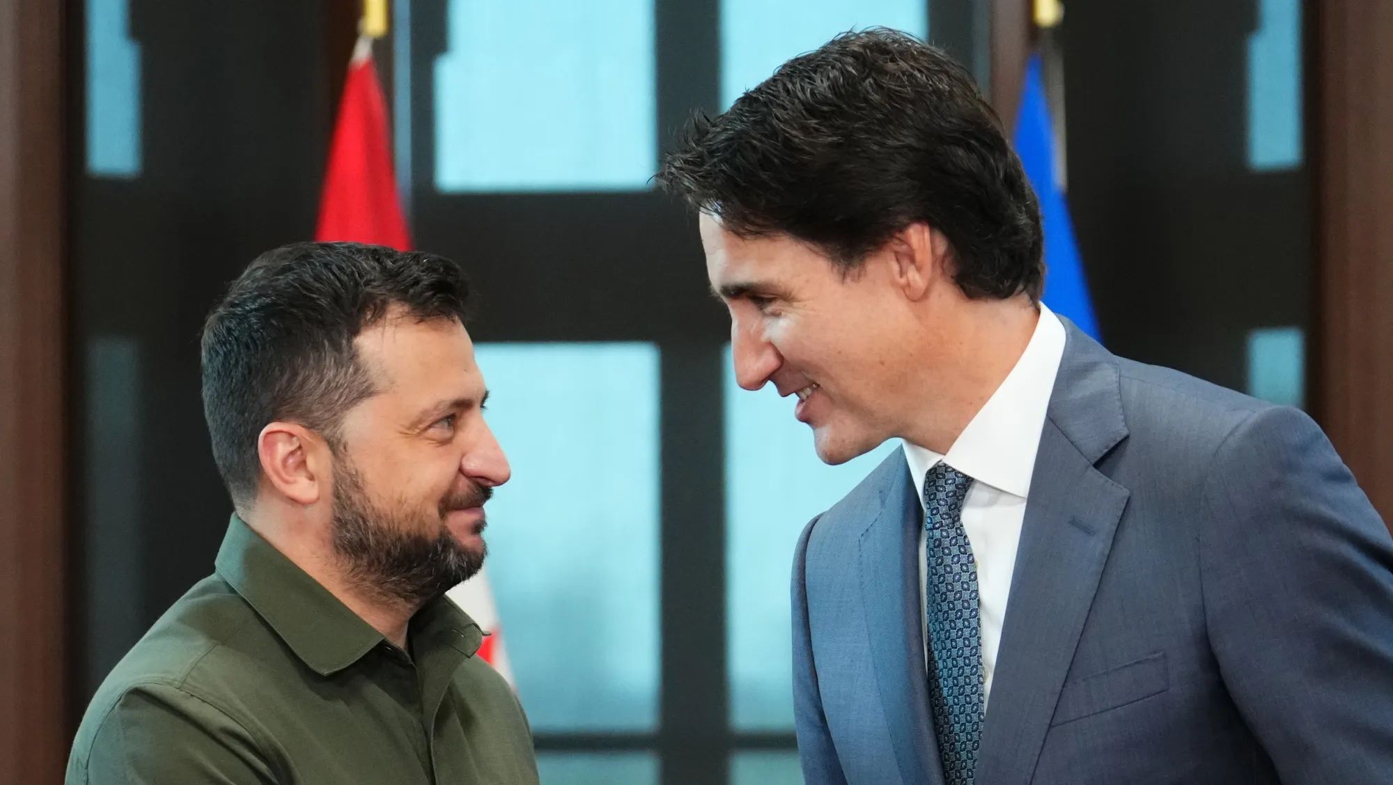 Volodymyr Zelenskiy, Ukraine's president, left, and Justin Trudeau, Canada's prime minister, during a bilateral meeting in Ottawa on Friday.