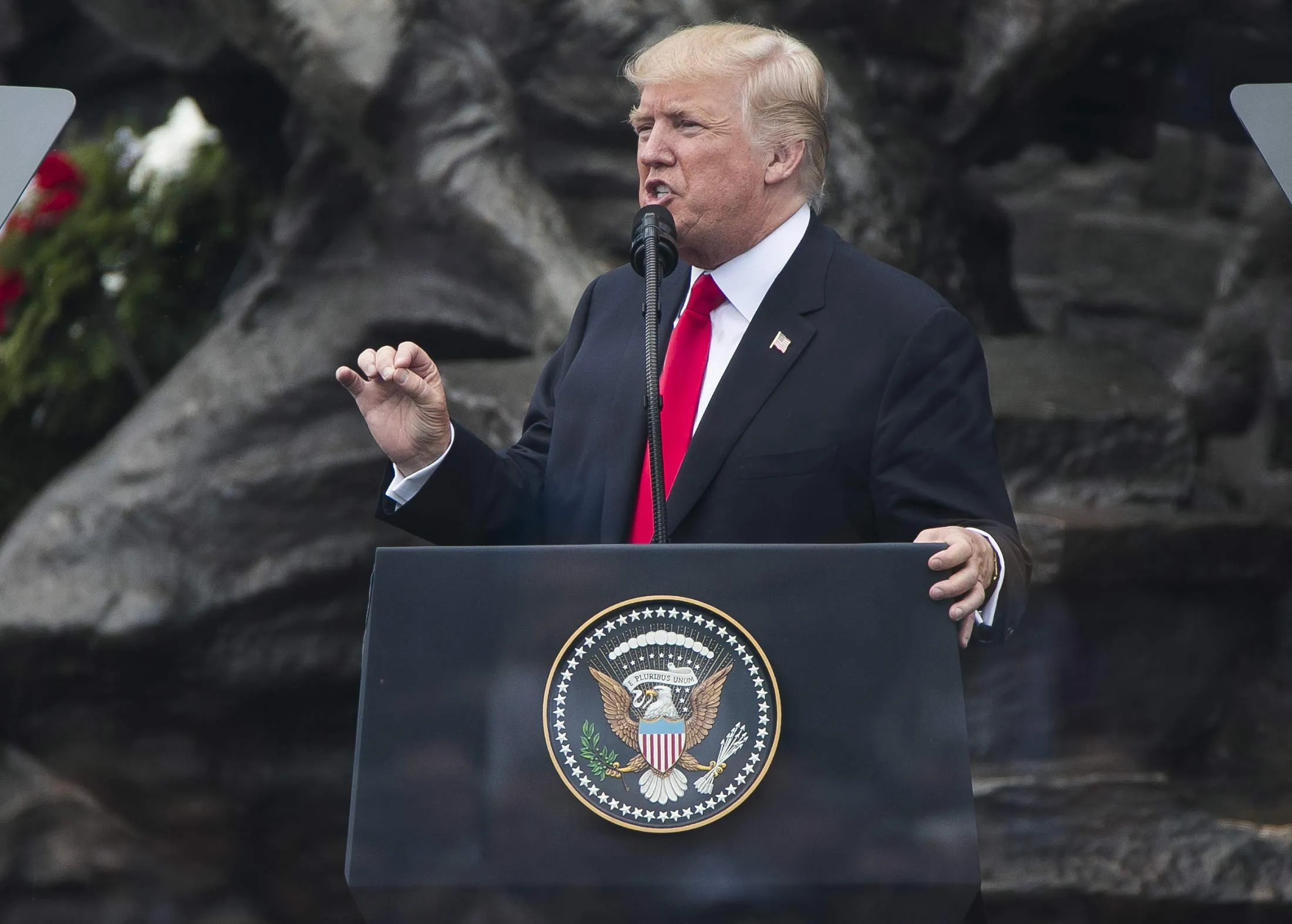 President Donald Trump speech at the monument to the heroes of the 1944 Warsaw Rising against the occupying Nazi Germans in Krasinski Square in Warsaw during visit in Poland. 06 July, 2017, Warsaw, Poland
