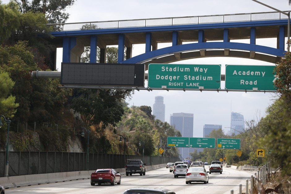 A moment of uncharacteristic quiet on L.A.'s often-congested 110 Freeway near Dodger Stadium.