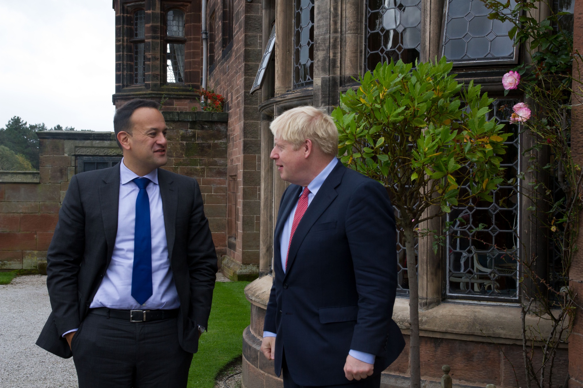 Boris Johnson, right, and Leo Varadkar, speak at Thornton Manor, Cheshire, U.K., on Oct. 10.
