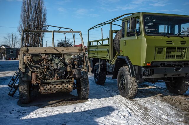 A 90 minute drive from Kyiv, a team of about 12 self-taught mechanics work on three vehicles at a time, refurbishing off-road troop transporters discarded by the Italian military.
