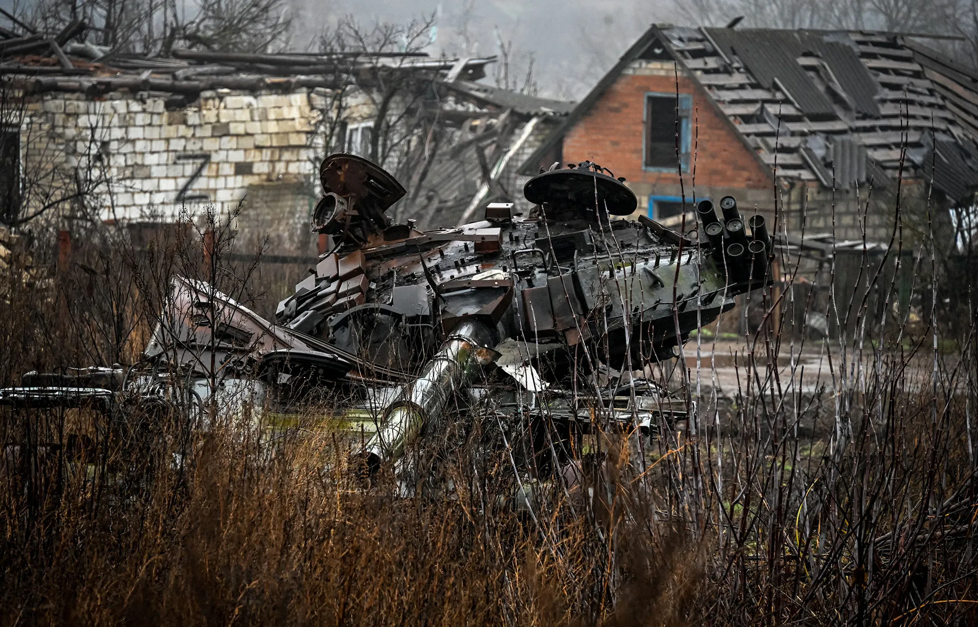 A destroyed tank on the outskirts of the village of Kamyanka, near Izyum, Kharkiv region in Ukraine.&nbsp;