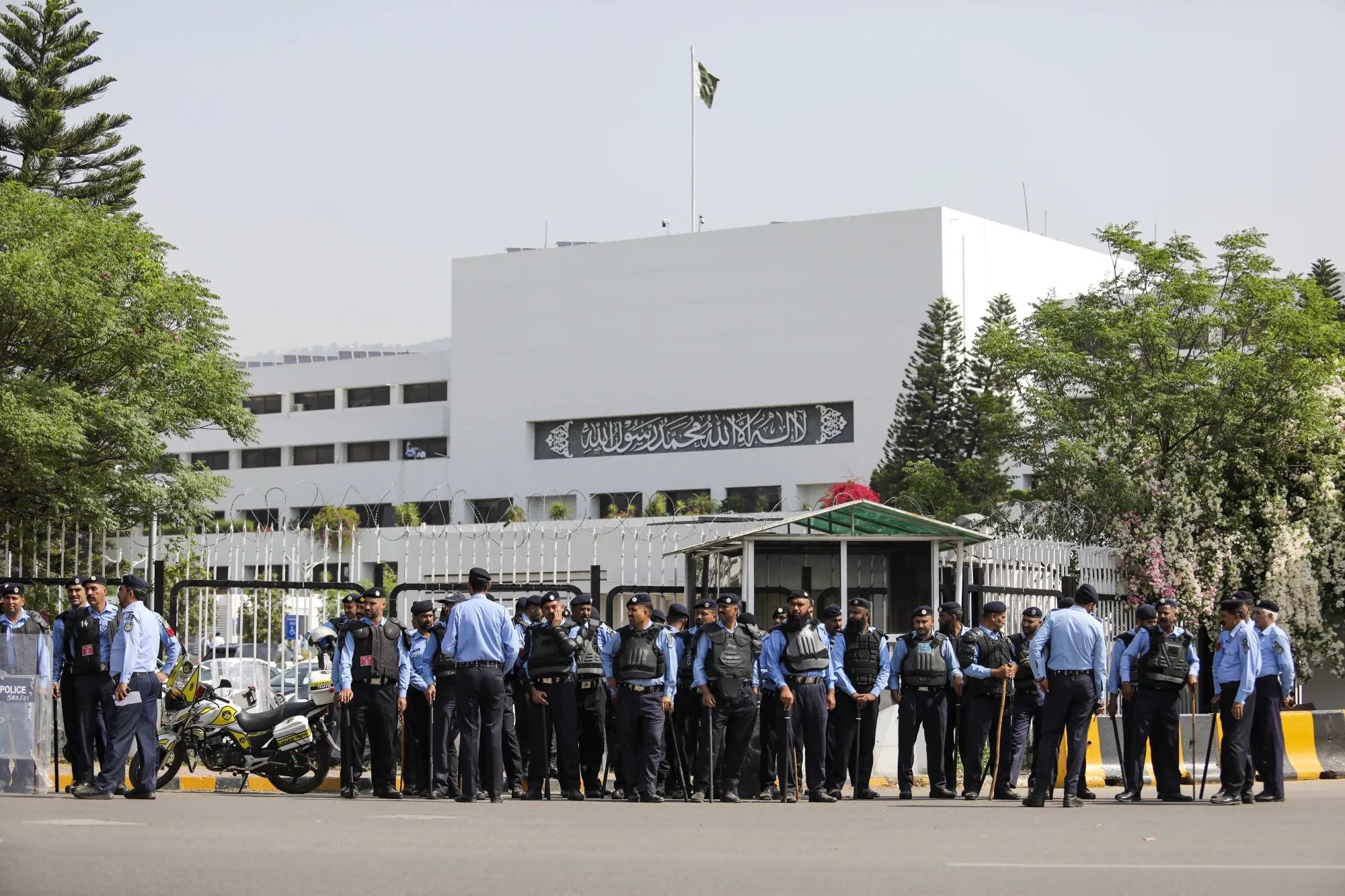 Security personnel in front of Parliament House in Islamabad, Pakistan, on&nbsp;April 9.