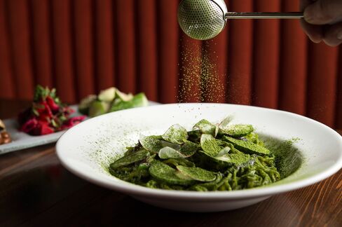 Delicate noodles dusted with matcha, Japanese green tea powder.