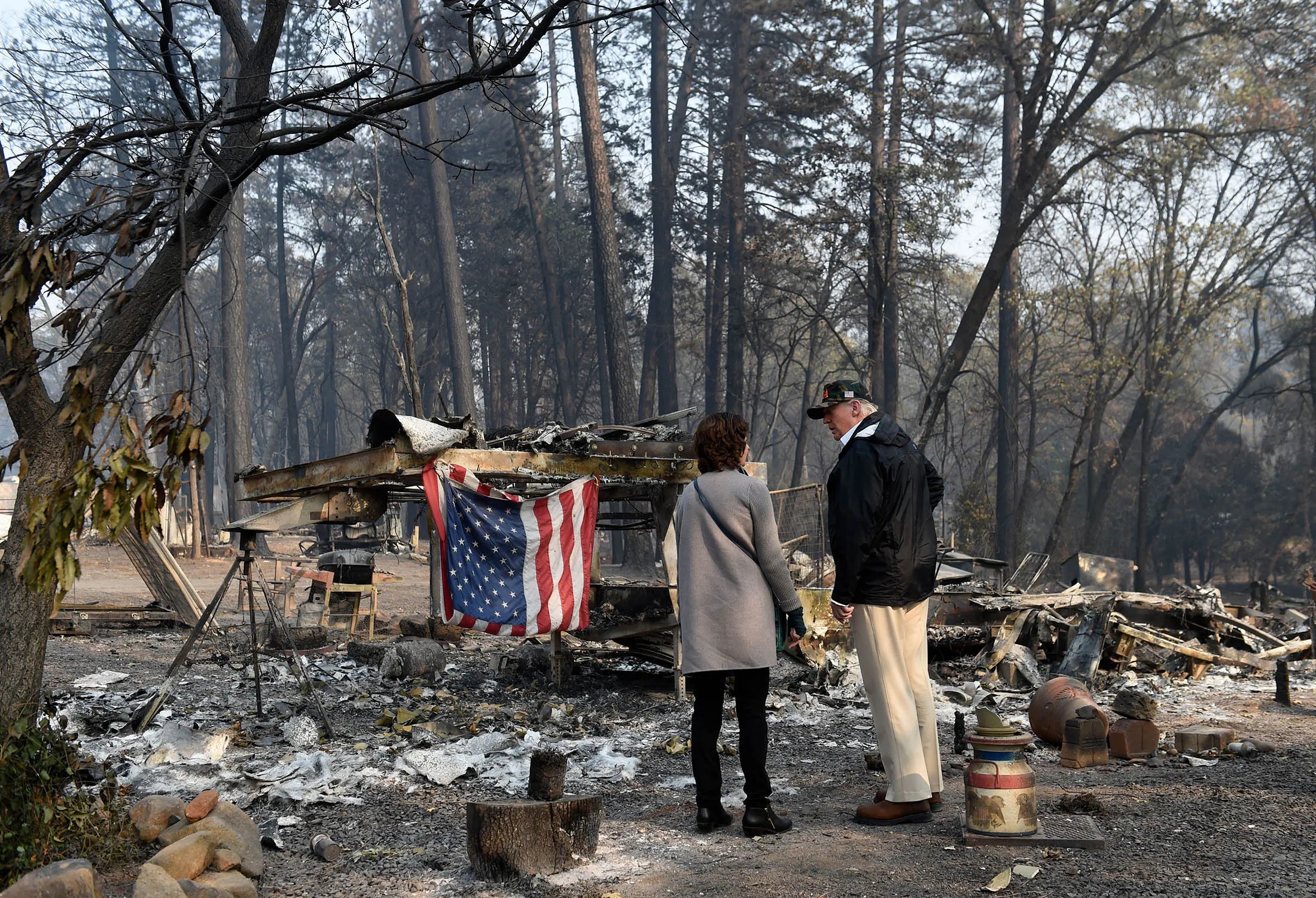 President Trump views damage from wildfires in Paradise, California.